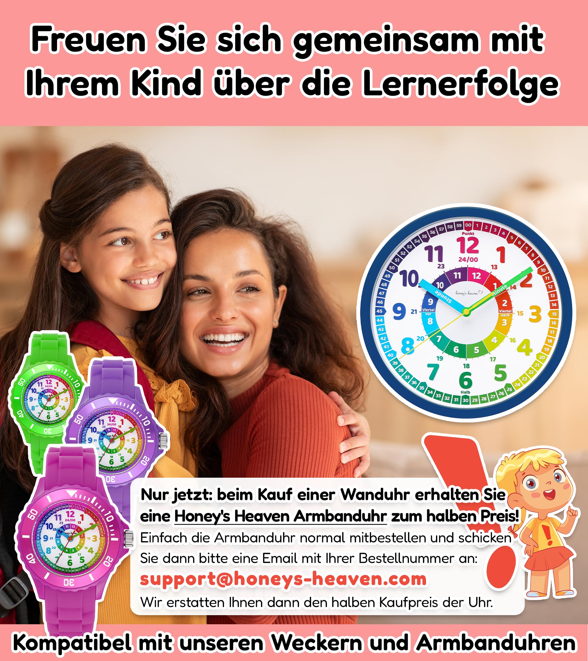 Honey's Heaven Wanduhr für Kinder - Lernuhr zum Lernen der Uhrzeit - analoge Kinderuhr ohne Tick Geräusche, mit lautlosem Uhrwerk - Kinderzimmer Deko für Jungen und Mädchen (Dunkelblau)