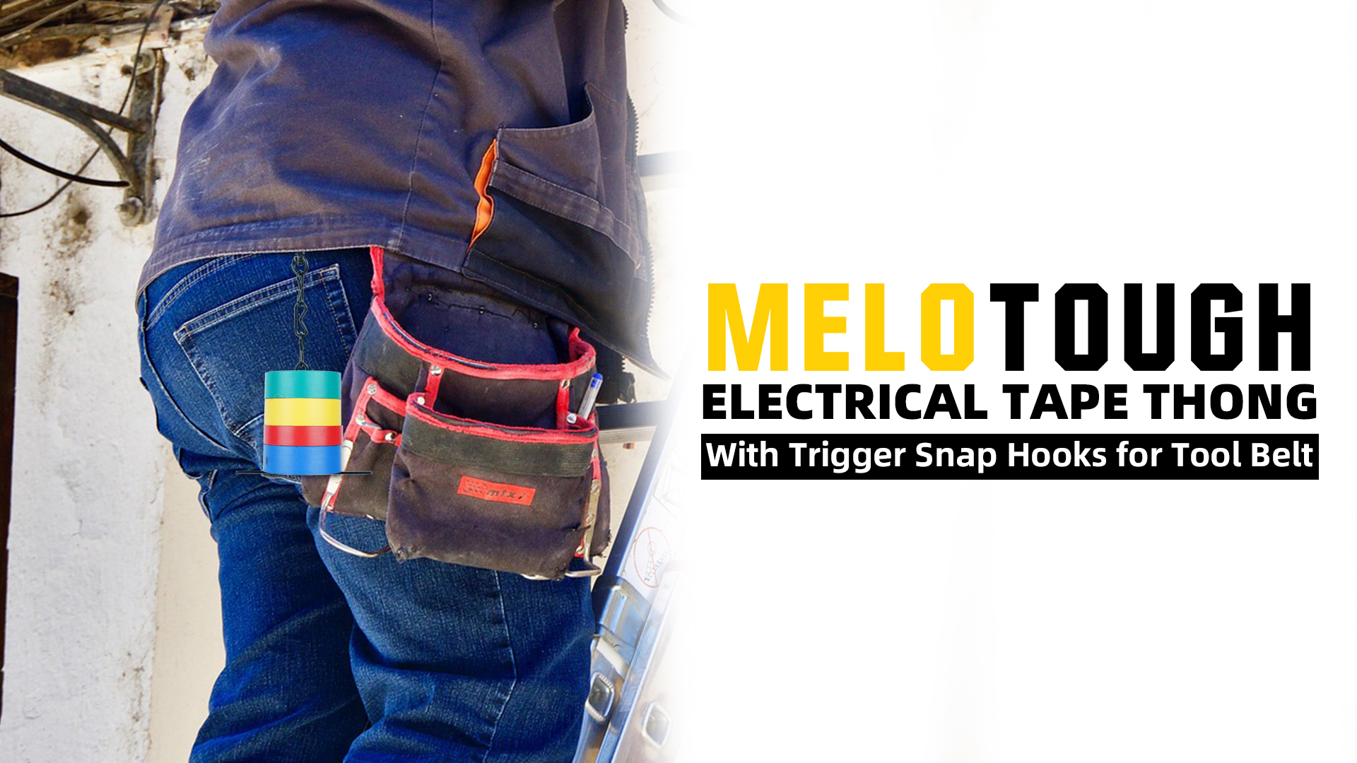 Image of MELOTOUGH Tape Thong for Tool Belt Waist Electricians Tape Holder Chain with Keyring and trigger snap hook Black Plating 1 pack