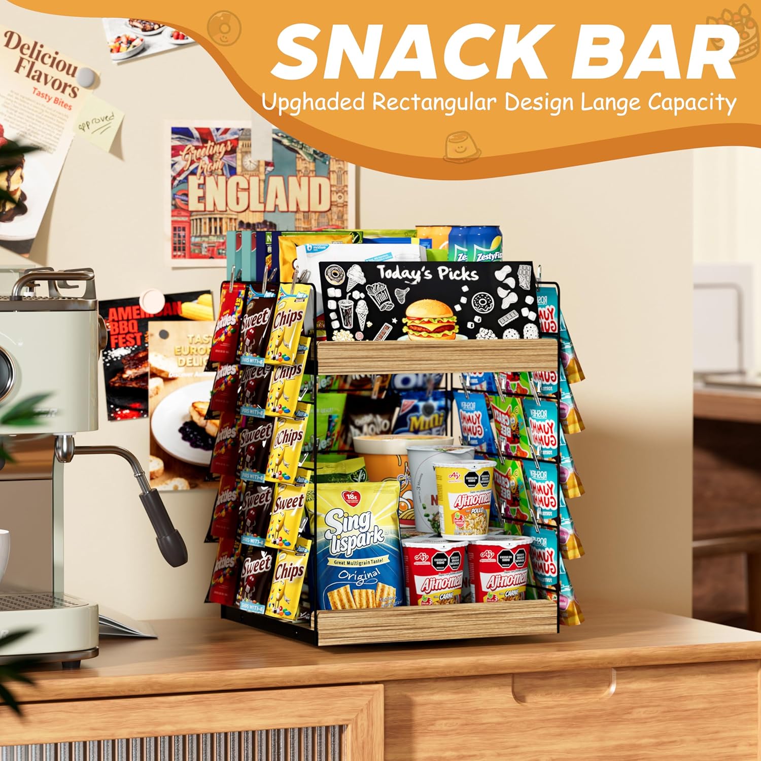 Chip Rack Display Stand, 6 Tiers 50 Clips Snack Organizer, 360° Rotating Wood Base Candy Display Rack, Portable Retail Display Shelf for Countertop, Office, Store, Kitchen, Party