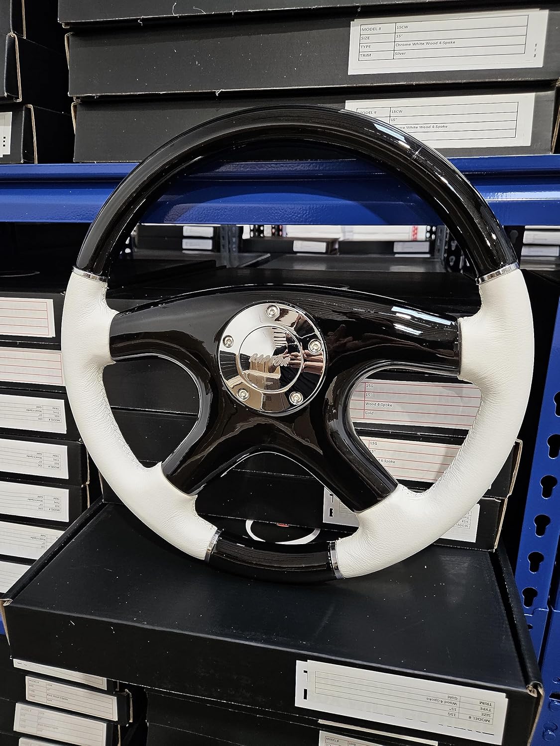 Raptor 15" Black Wood & White Leather Steering Wheel