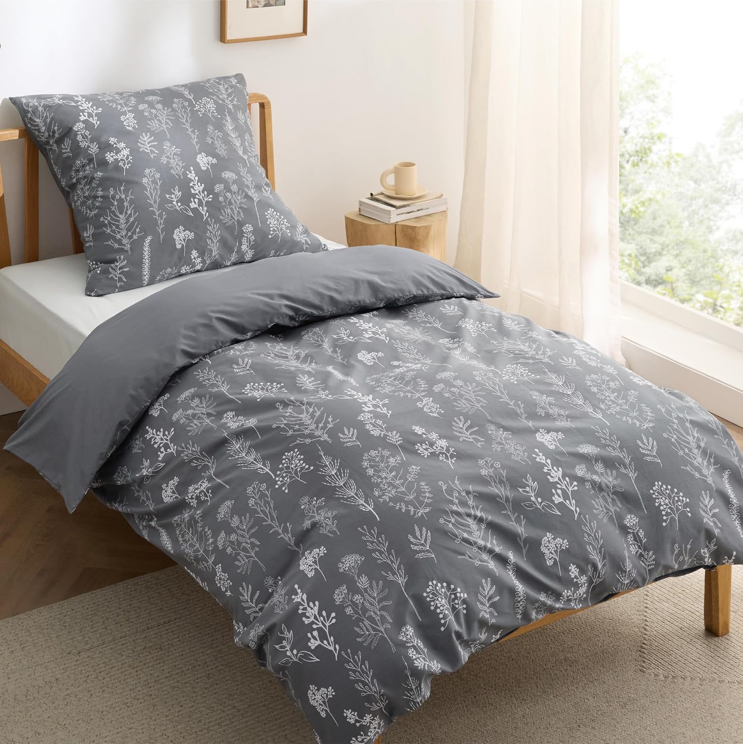 BEDSURE Bed Linen 135 x 200 cm Cotton Grey - Bed Linen Sets 135 x 200 cm Duvet Cover 2-Piece with Pillowcase 80 x 80 cm, Oeko-Tex Reversible Bed Linen Bedding Plants Flowers Pattern with Zip 135x200cm Grey Flowers