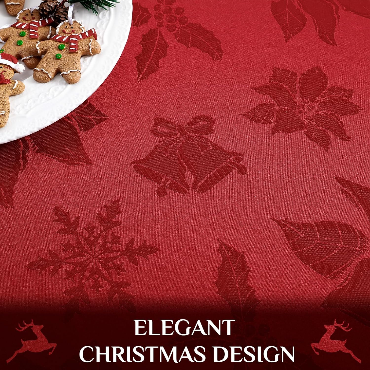 Softalker Christmas Jacquard Round Tablecloth, Winter Vintage Damask Table Cover, Waterproof Poinsettia Snowflakes Polyester Table Cloths Decor for Holiday, Dining, Party - 70 inch, Red