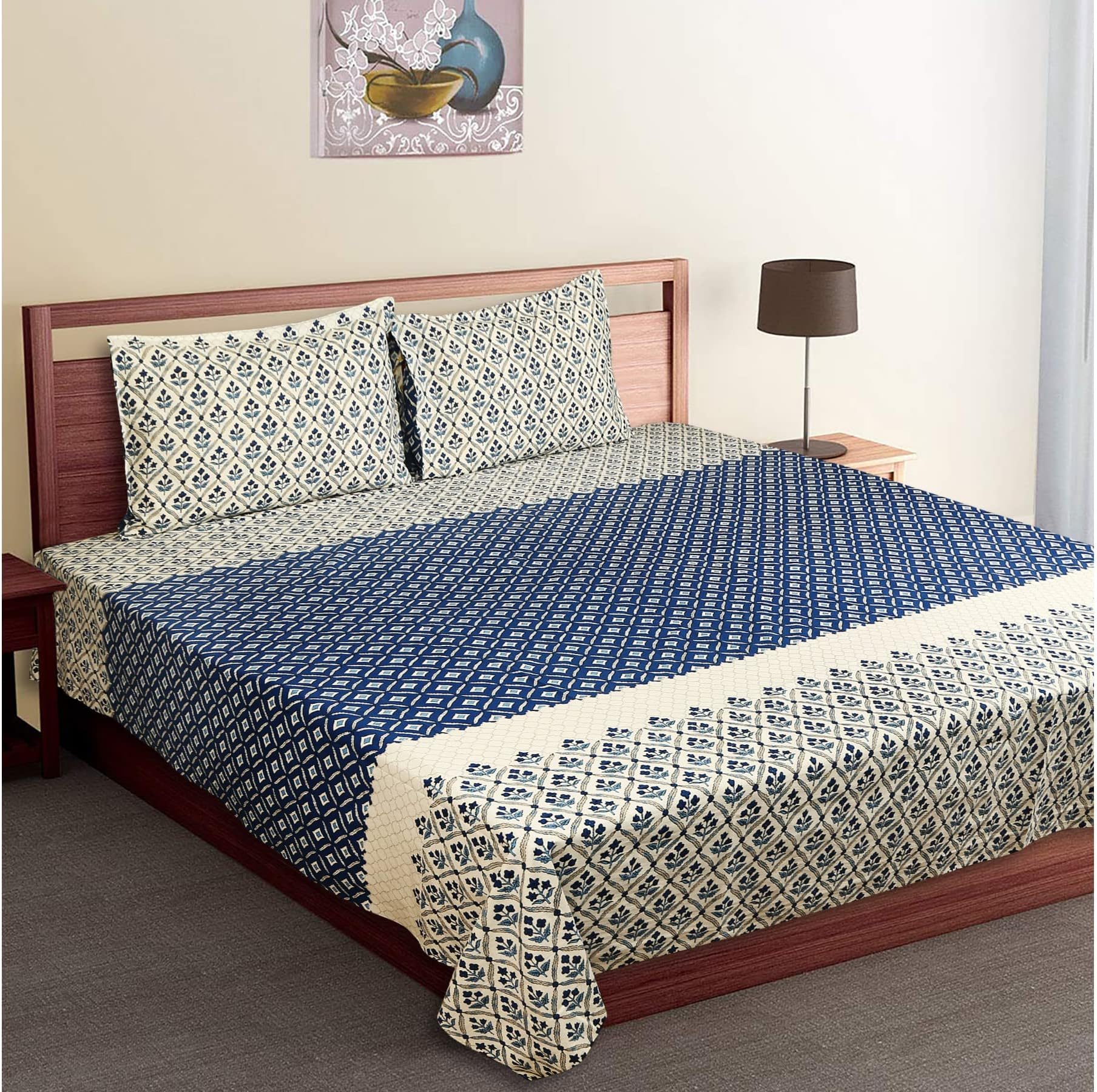Super King Size Double Bedsheet Floral Print 180 Tc with 2 Pillow Cover,Super King Size Royal Collection(9 Ft by 9 Ft),Premium Cotton(108 X 108 Inch),Blue