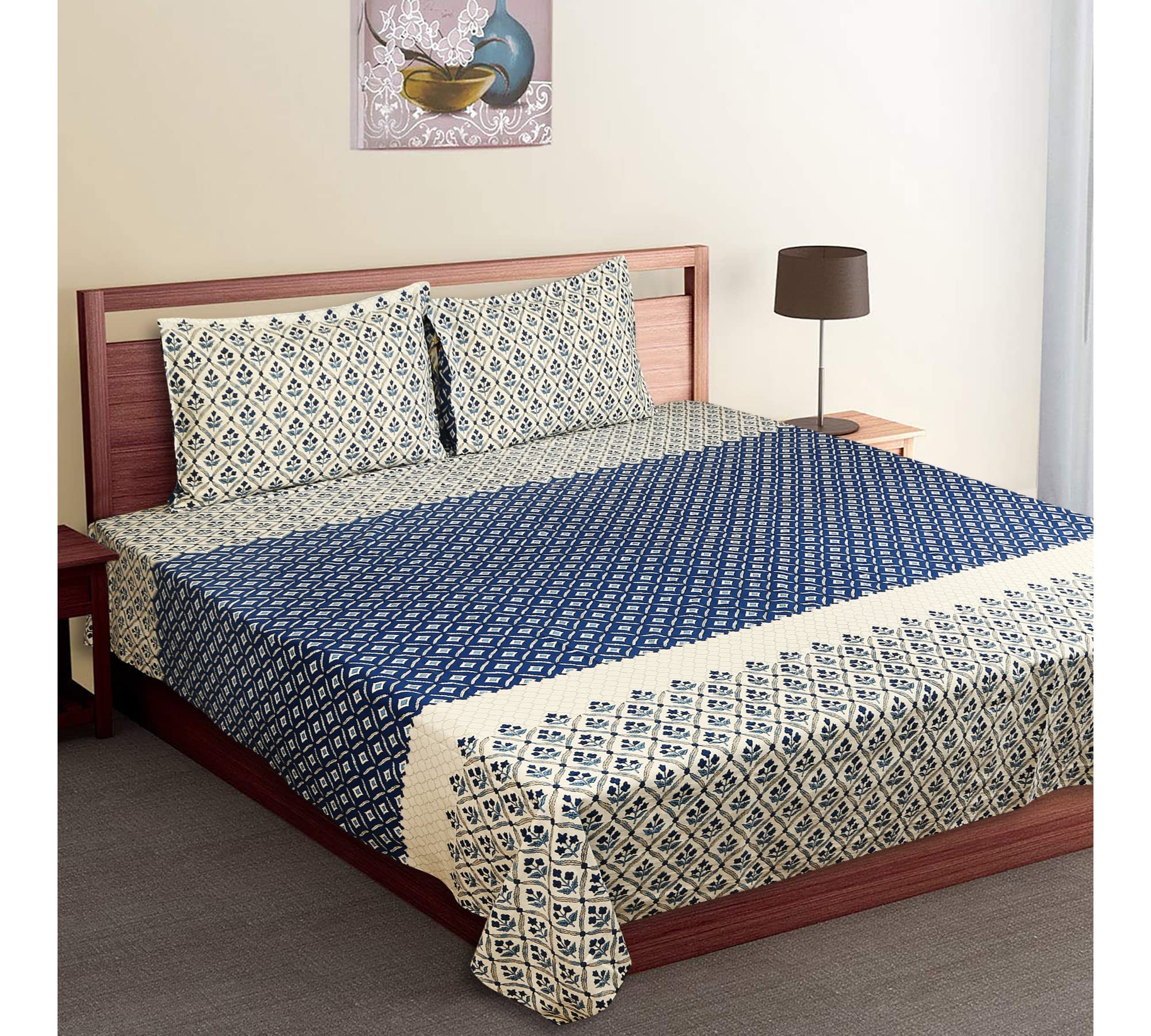 Serene Decor Super King Size Double Bedsheet Floral Print 180 Tc with 2 Pillow Cover,Super King Size Royal Collection(9 Ft by 9 Ft),Premium Cotton(108 X 108 Inch),Blue