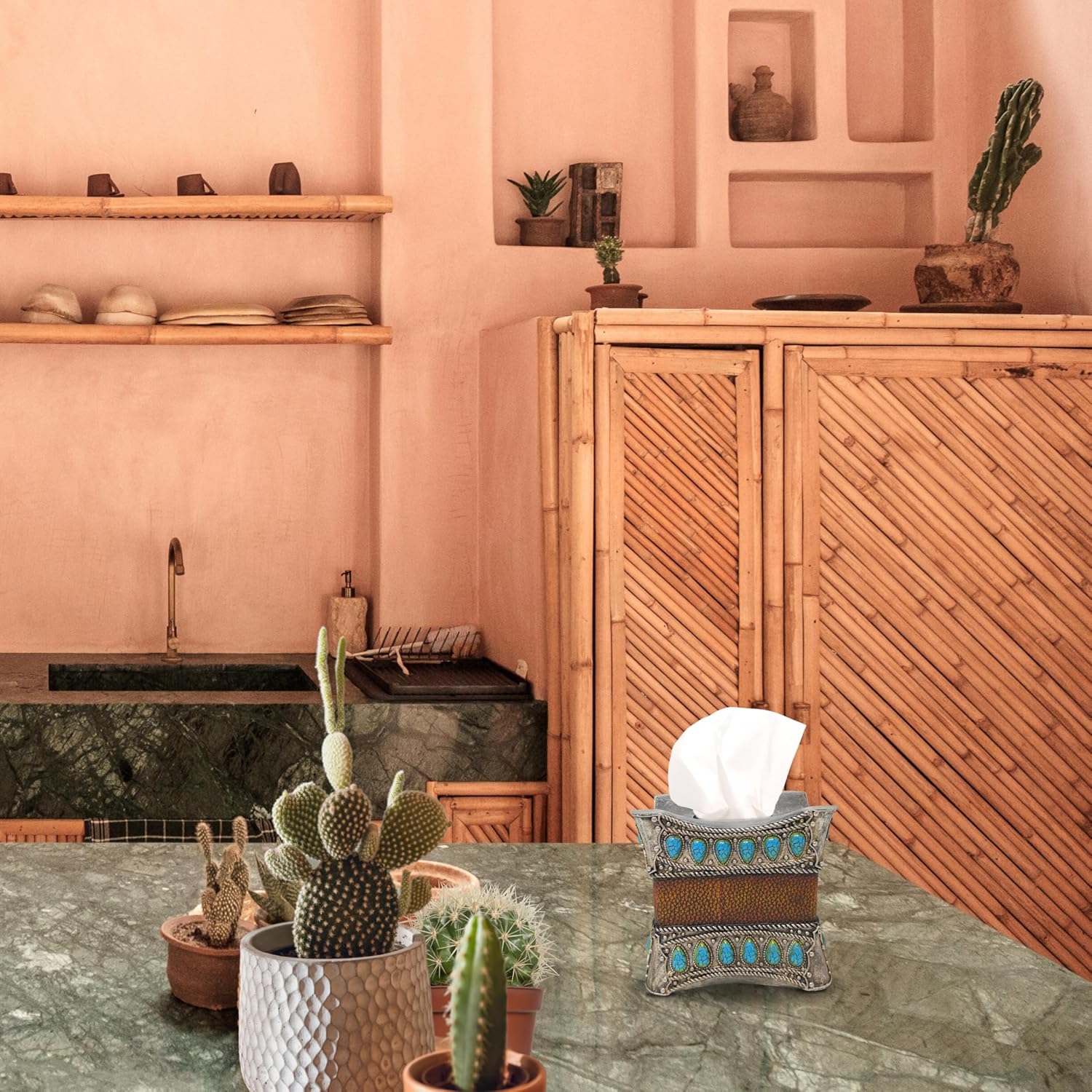 Decorative Resin Faux Leather Tissue Box Cover with Turquoise Gem–Southwest Native American Style Tissue Box Holder–Premium Resin Tissue Box Cover Square for Tissue Cube Boxes–Unique Home Décor Accent