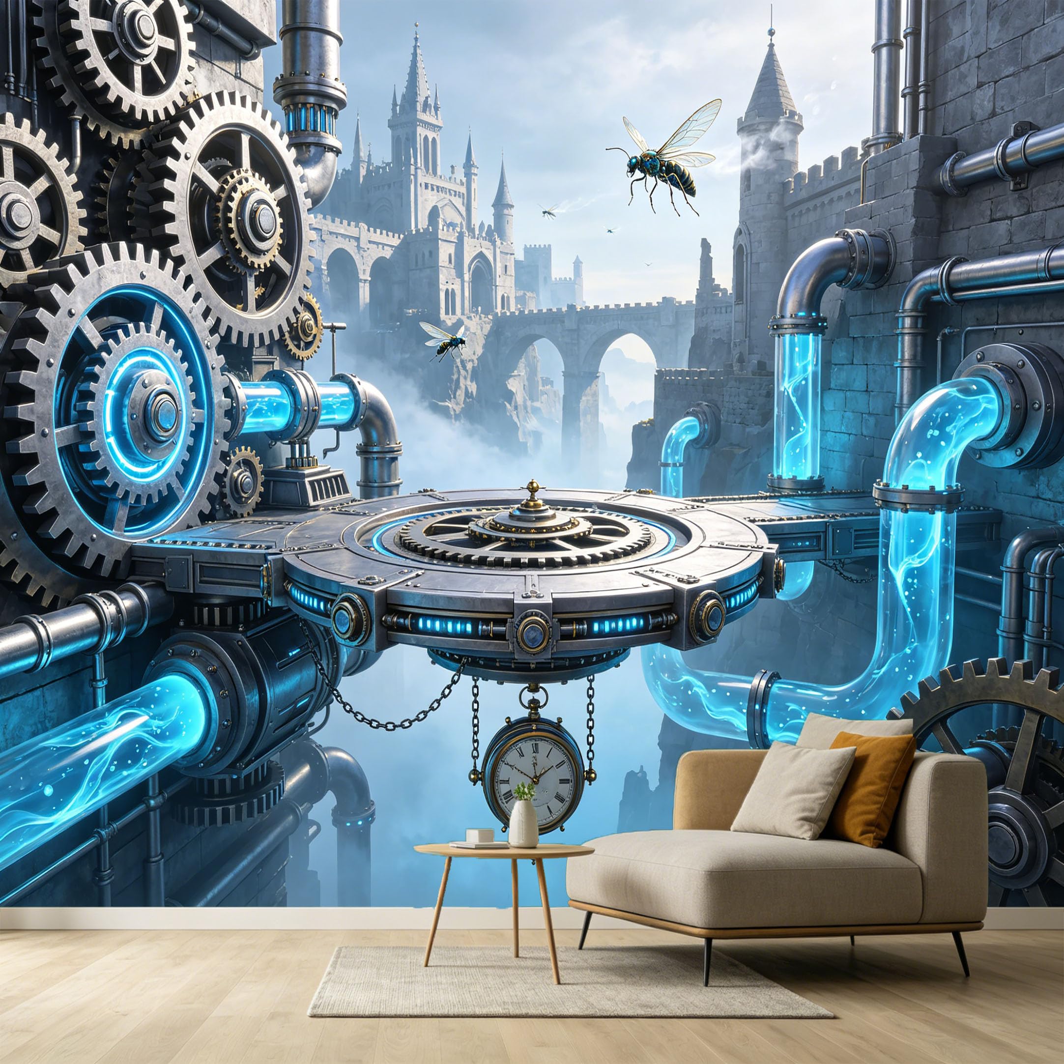 Custom Size Wall Murals Industrial Steampunk Castle Gears Mechanical Clock Insect SelfAdhesive Wall Fabric Removable Large Wallpaper for Photo Living Room