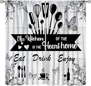 Farmhouse Rustic Blackout Curtain,Vintage Retro Fork Spoon Cooking Theme Art Window Curtains for Dining Room Living Room Kitchen Cafe Bedroom Office Drapes Decor,42x45 in