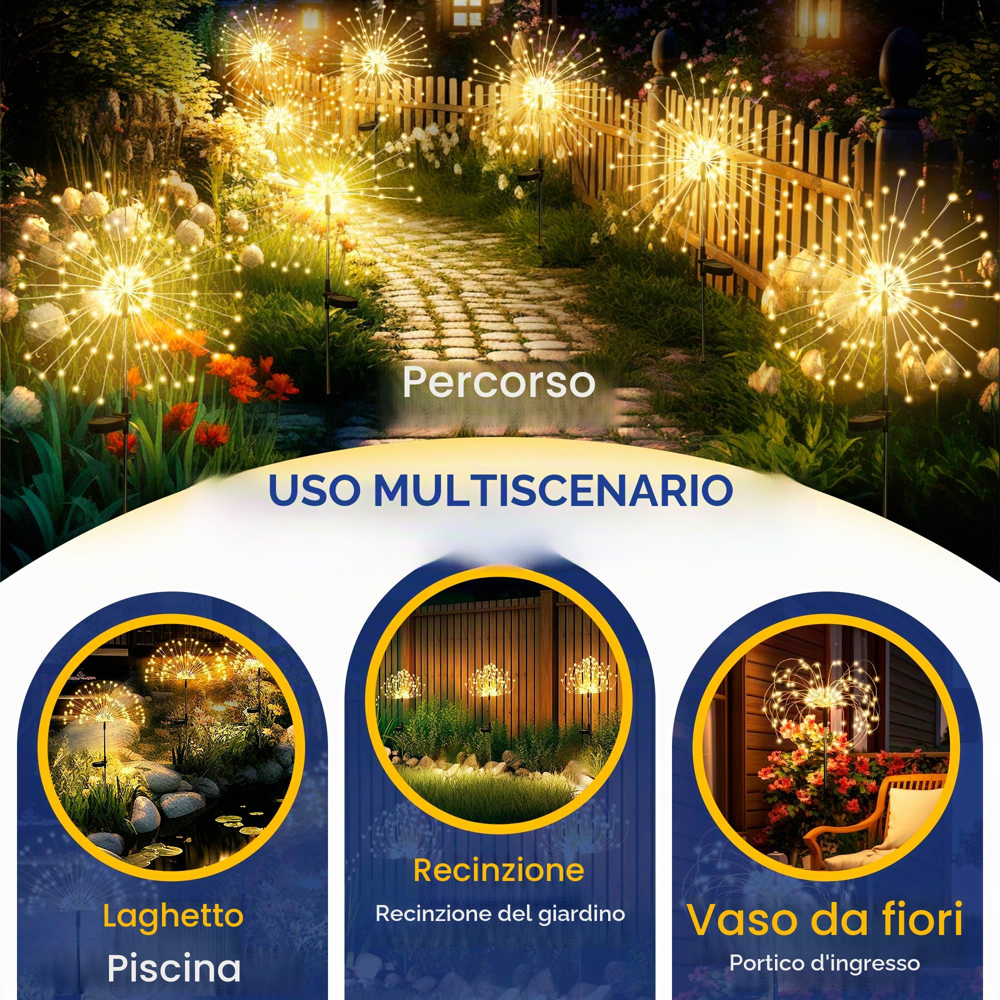 GIGALUMI Luci solari da giardino per esterni, luci solari per fuochi d'artificio 120 LED 4 pezzi, luci a stella impermeabili per cortile prato festa patio decorazione,bianco caldo