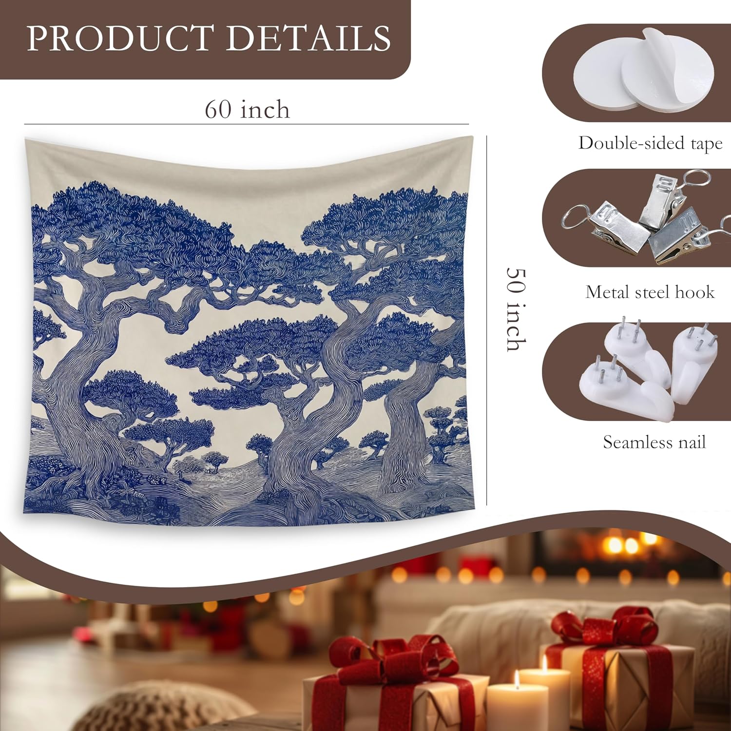 HUGANE Vintage Oak Tree Tapestry, Blue and White Chinoiserie Forest Wall Tapestries, Moody Tree Nature Landscape Botanical Hanging Wall Decor for Home Bedroom Living Room, 50x60 Inch