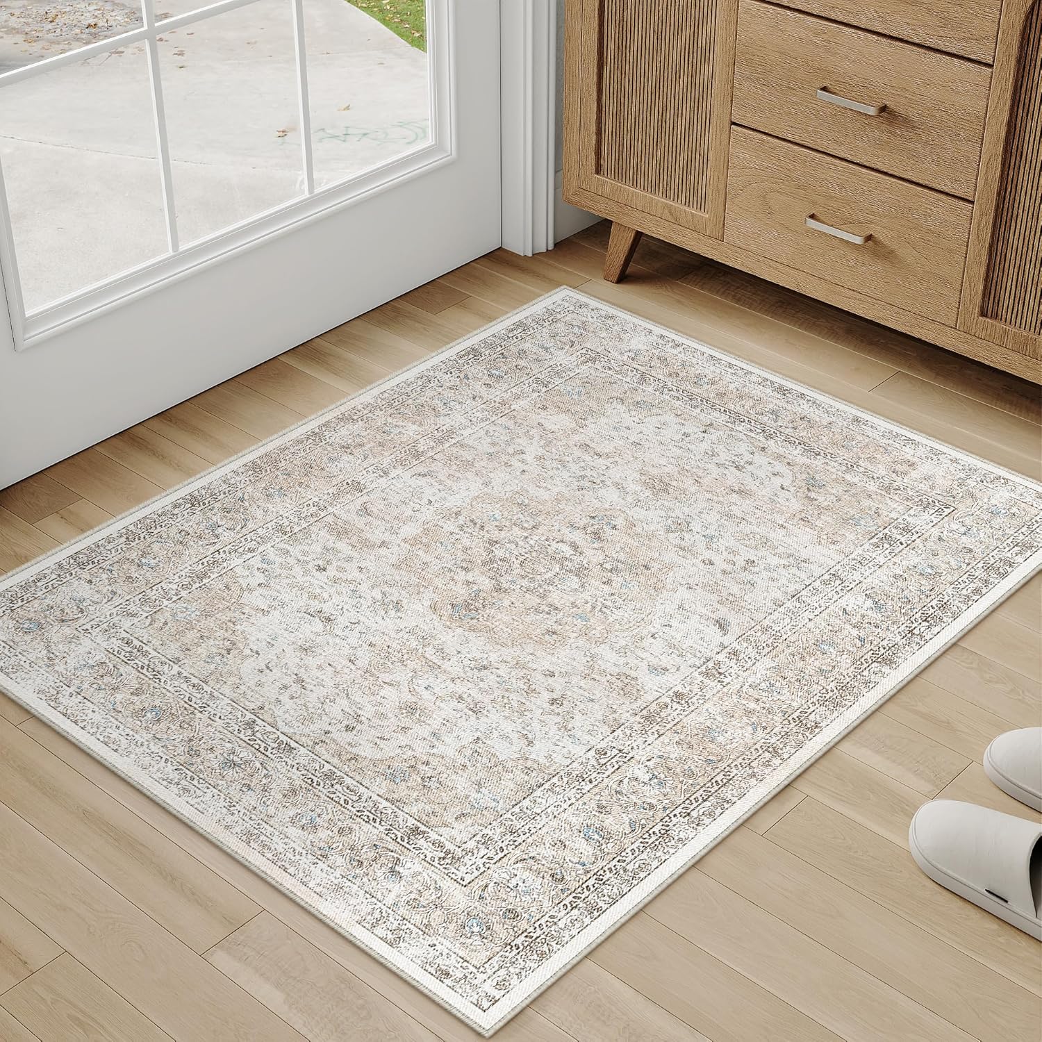 2x3 Washable Vintage Area Rug for Living Room Bedroom Beige Grey Soft Tranditional Non Slip Thin Throw Rug Lightweight Floral Low Pile Distressed Doormat Entrance Dinning Laundry Room Kitchen