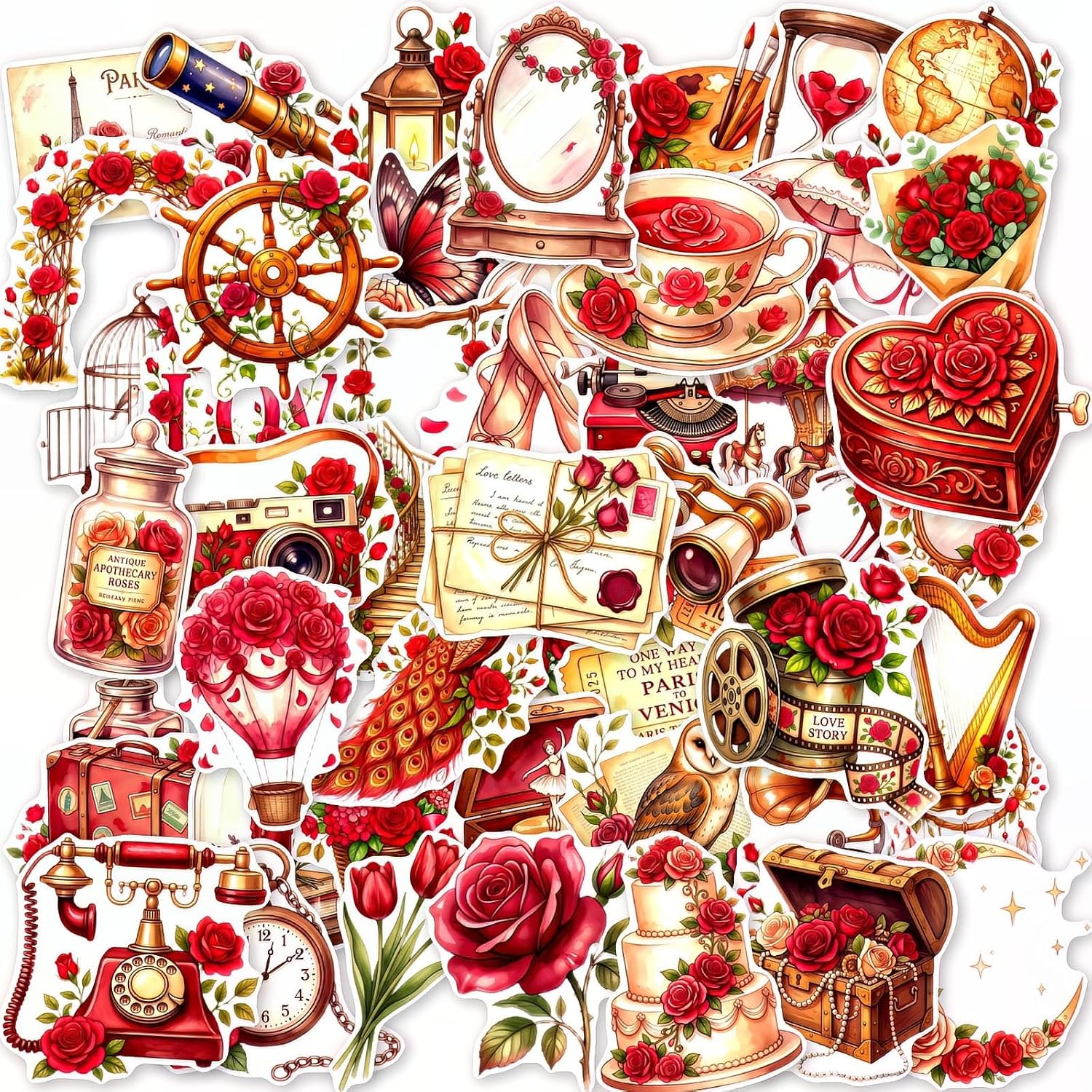 50PCS Vintage Rose Lantern Stickers