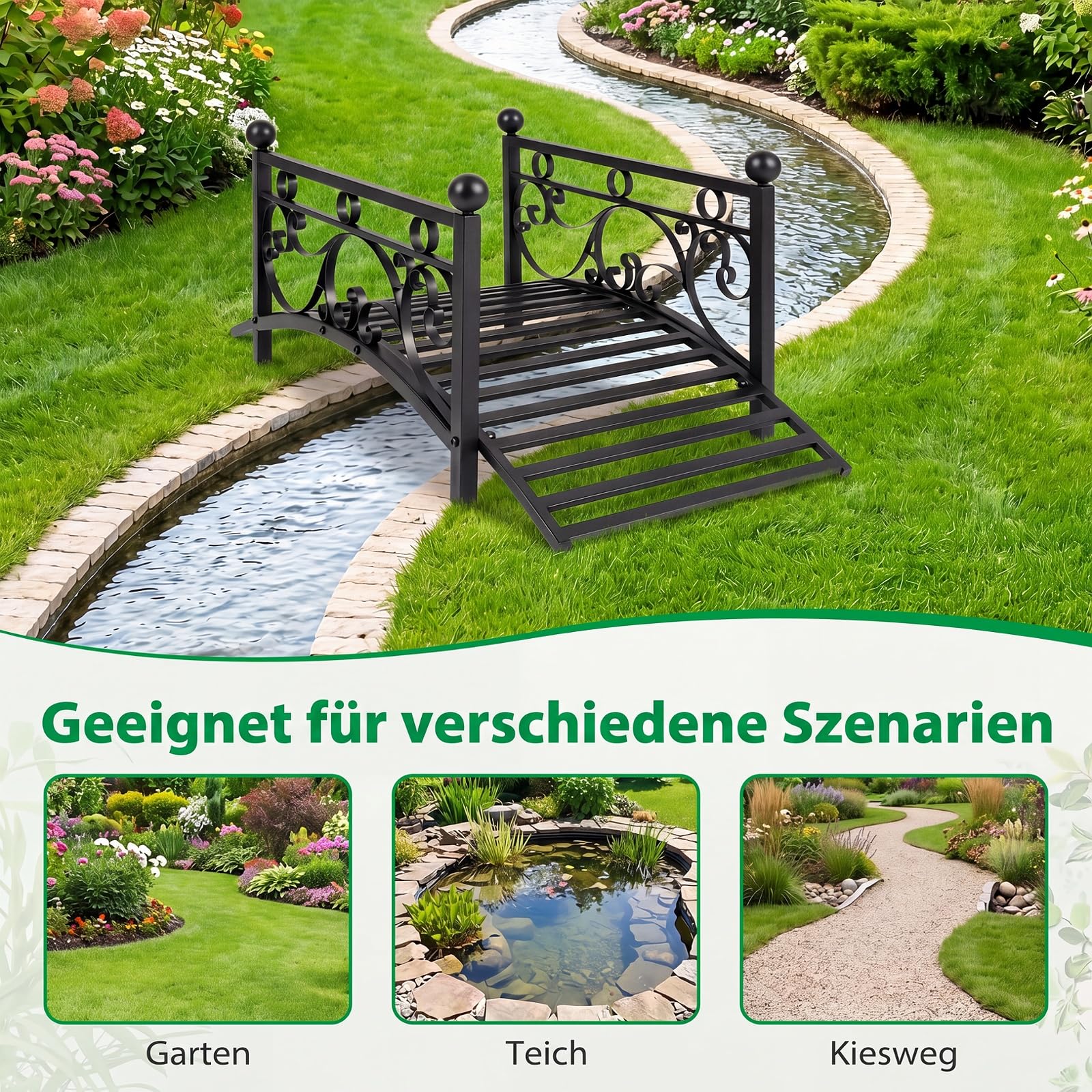 COSTWAY Brücke aus Metall, 101,5 cm, Teichbrücke 150 kg belastbar, Gartenbrücke mit dekorativen Geländern, Metallbrücke Antik-Optik, stabil und wetterfest, Zierbrücke für Garten Bach Teich, Schwarz