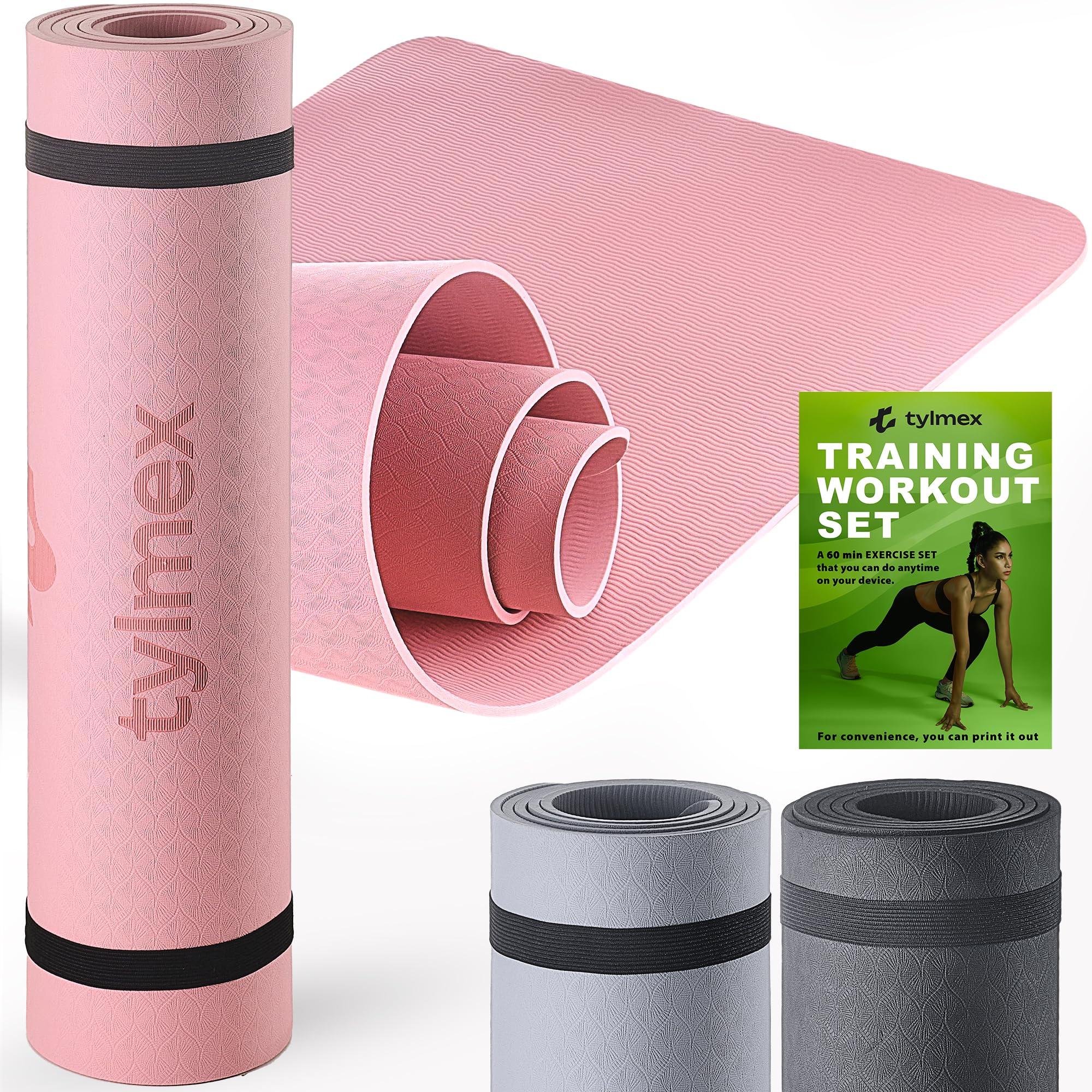 Tylmex Yogamatte TPE rutschfest 6mm | Umweltfreundliche Fitnessmatte für Yoga, Pilates & Workout | Trainingsmatte 183x61cm mit Tragegurt & Online-Übungsanleitung - Rosa