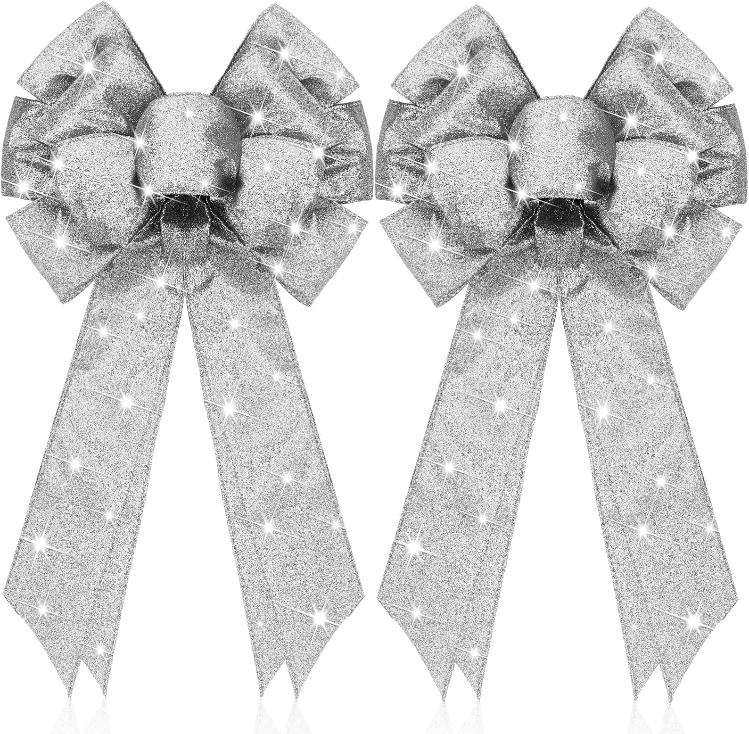 Giegxin 2 Pcs Large Silver Lighted Christmas Bows with Lights for Wreath and Tree Topper, 18x10 Inch Pre Lit Silver Wreath Bow Light up for Christmas Decorations for Front Door Windows Outdoor Indoor Silver Glitter