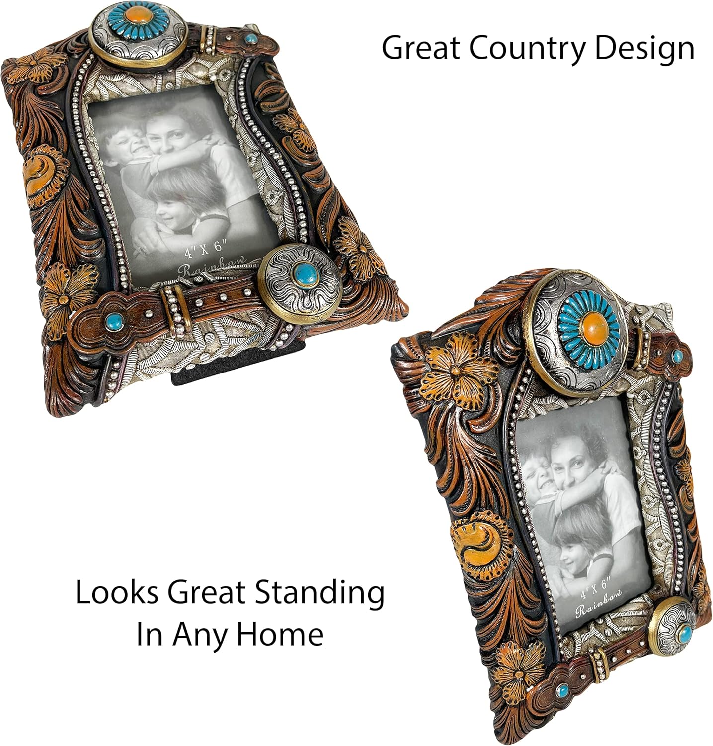 Urbalabs Cowboy Teal Stone Belt Buckle Country Western Decor Picture Frame 4 x 6 Country Gifts Farmhouse Picture Frames Photo Frame Wall Hanging or Standing 4x6 Elaborate Picture Box (Western Large