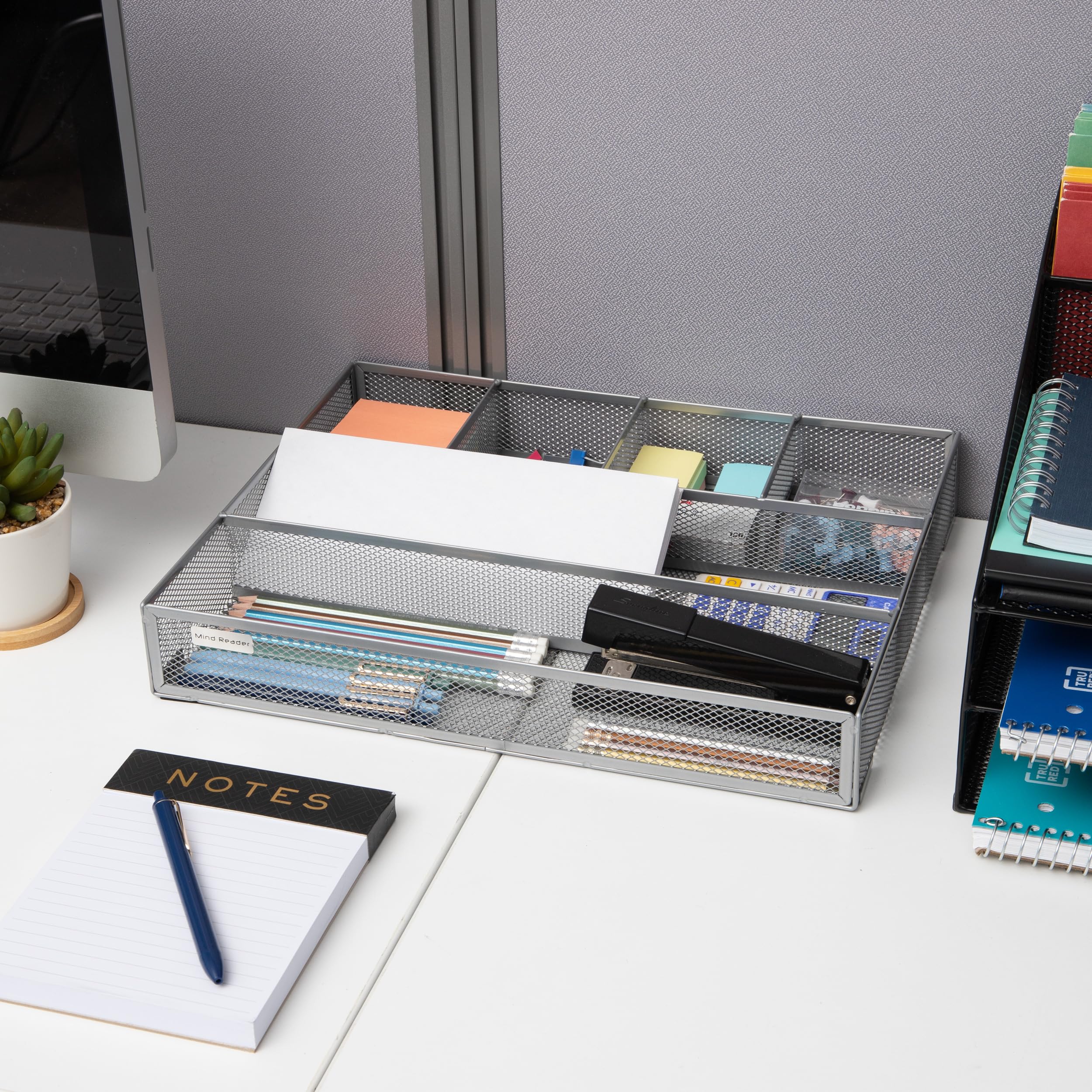 Mind Reader 2DEER-BLK, 2 pezzi, accessori da scrivania, rete metallica a 6 scomparti, organizer per cassetti Argento