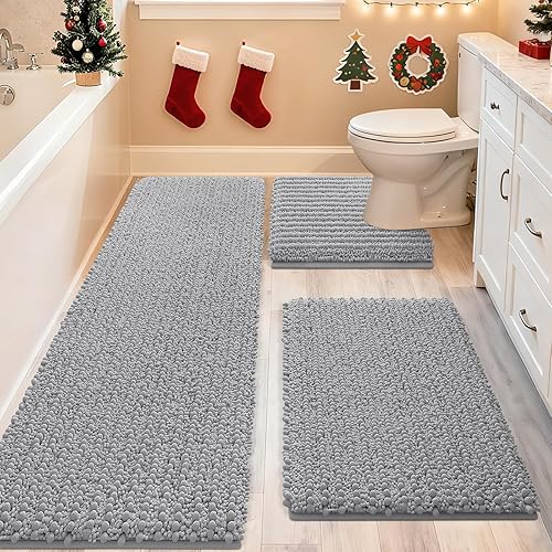 ACCUMTEK Actualización Juego de Alfombras de Baño Extra Grandes Gris Claro 3 Piezas Gris Ultra Suaves, Gruesas Alfombras de Baño Absorbentes, Tapete