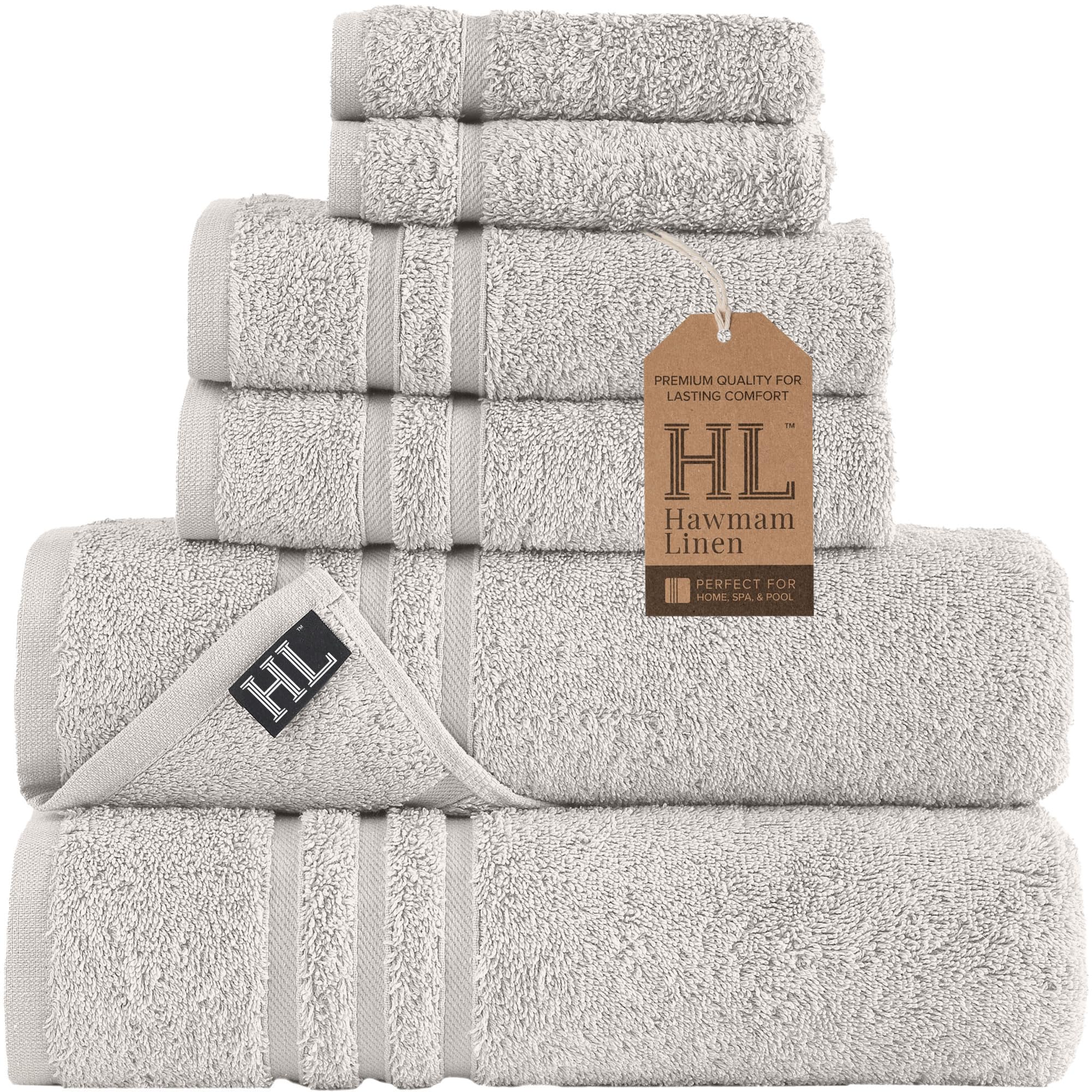 Hawmam Linen Towel Set, Turkish Cotton, 6 Pack, Ice Silver
