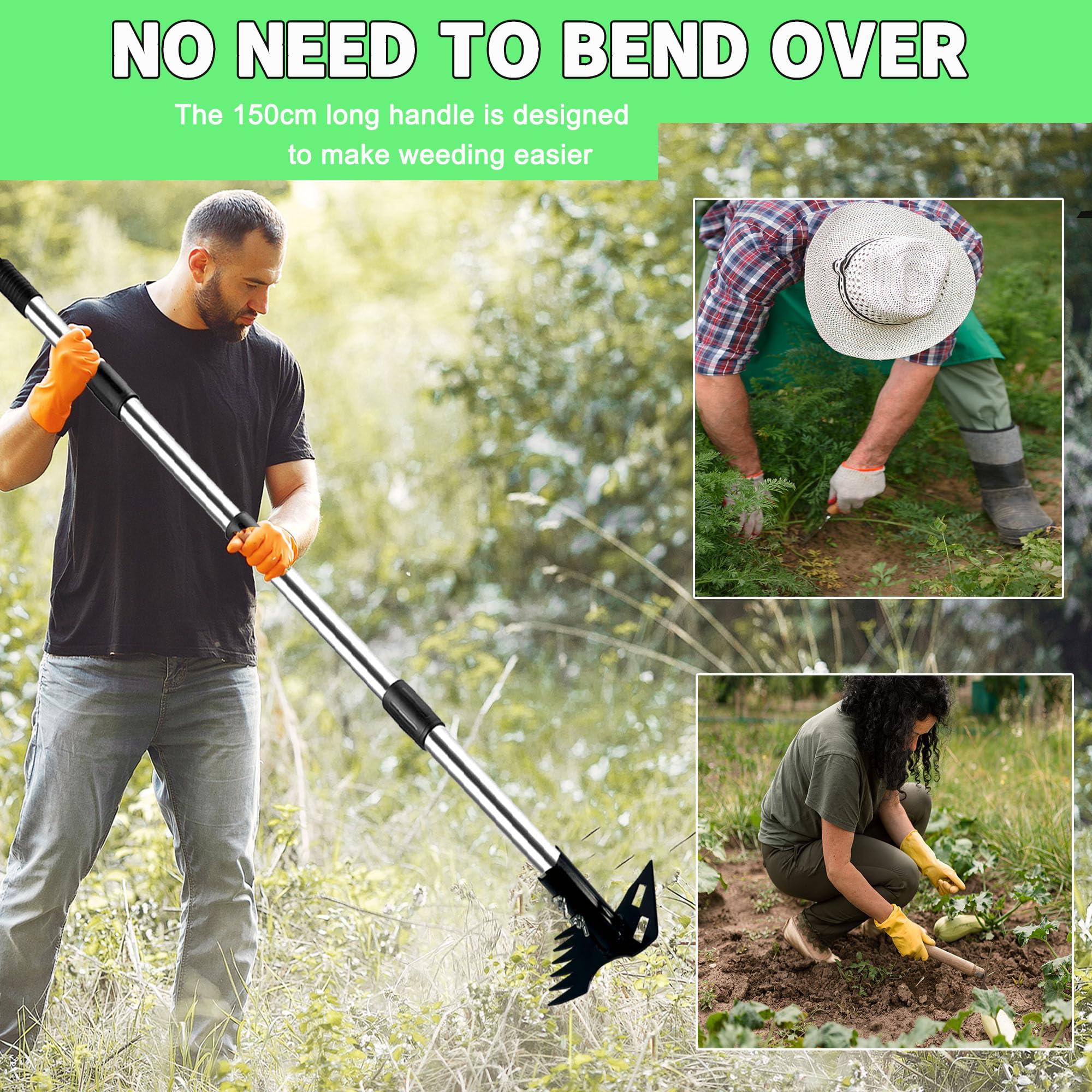 Estrattore di erbacce con manico lungo, manico staccabile da 148 cm, rastrello manuale 2 in 1 e zappa da giardino, resistente per dente di leone, cortile, prato, patio, giardino (nero)