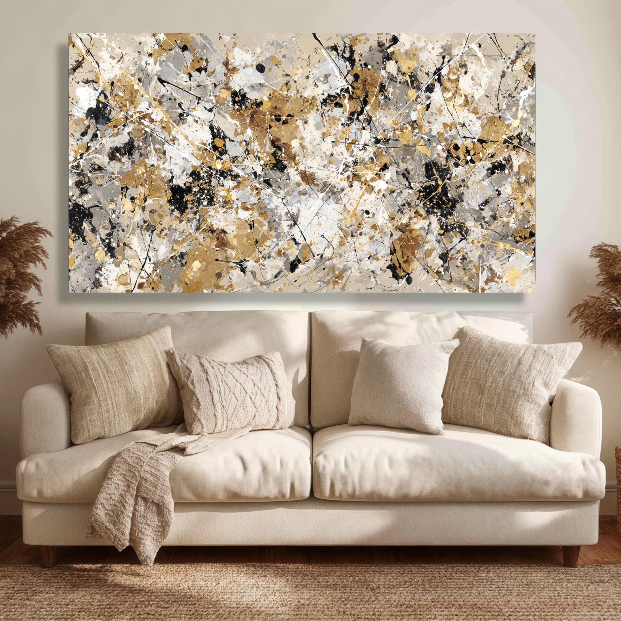 LMYSXAOZ Contemporary Home Decor Large Canvas Wall Decor, Abstract Graffiti Painting Canvas, Gold and Neutral Splatter Art(60x90cm/Frameless)