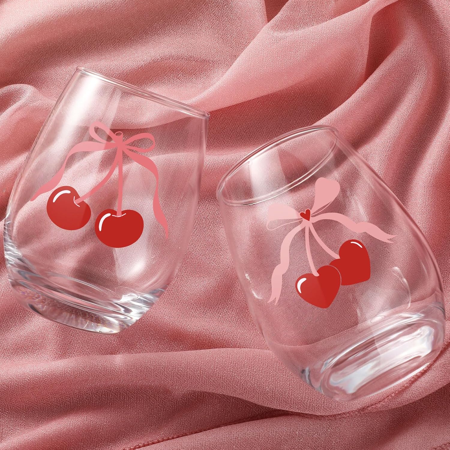 Reallnaive Cherry Bow Wine Glasses Set of 2 Pink Coquette Stemless Wine Glass 15 oz Drinking Glass Cute Cherry Gifts for Girls Women Birthday