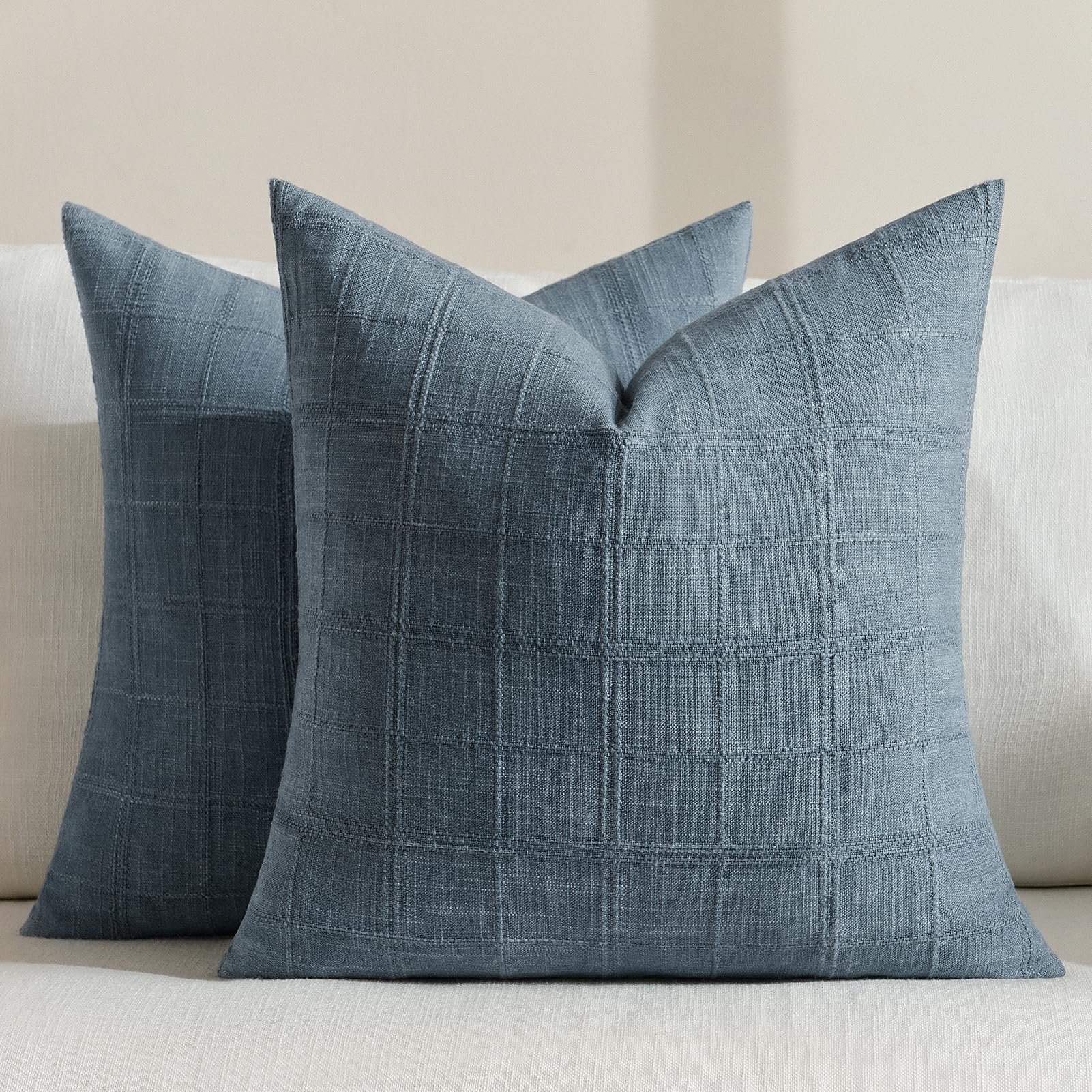 FIBORIA Navy Blue Set of 2 Decorative Faux Linen Tartan Cushions Covers 45 x 45 Neutral Farmhouse Vintage Cushion Covers Modern Boho Home Decor for Outdoor Sofa Chair Bedroom Living Room(18x18 Inch)