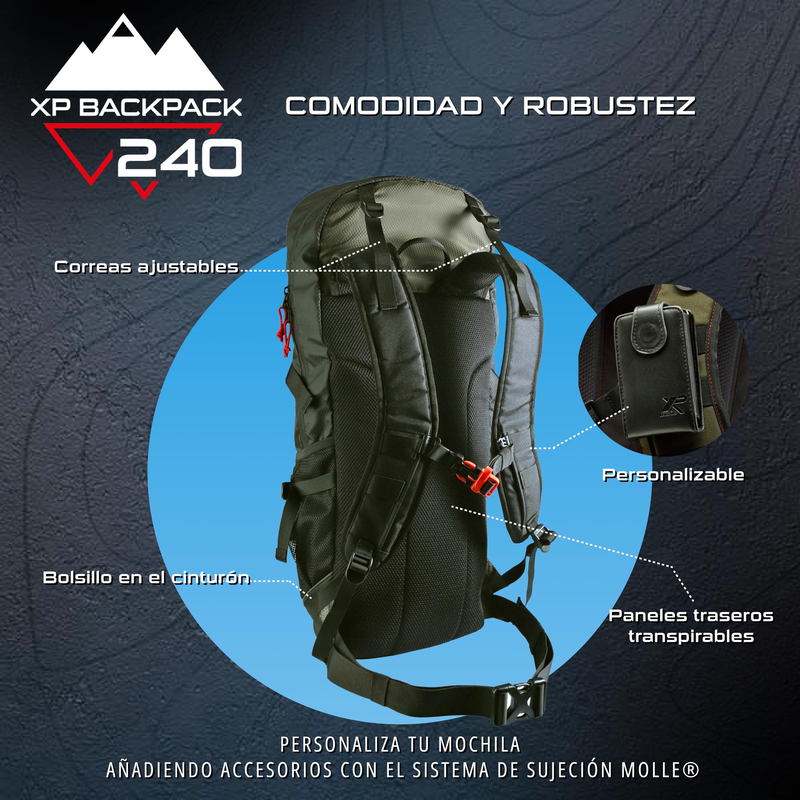 Mochila XP Metal Detectors 240, Mochila Ligera y Robusta Especialmente diseñada para detectores de Metales, ergonómica y cómoda con más de 10 Bolsillos y Compartimentos dedicados (XPBACKPACK240)