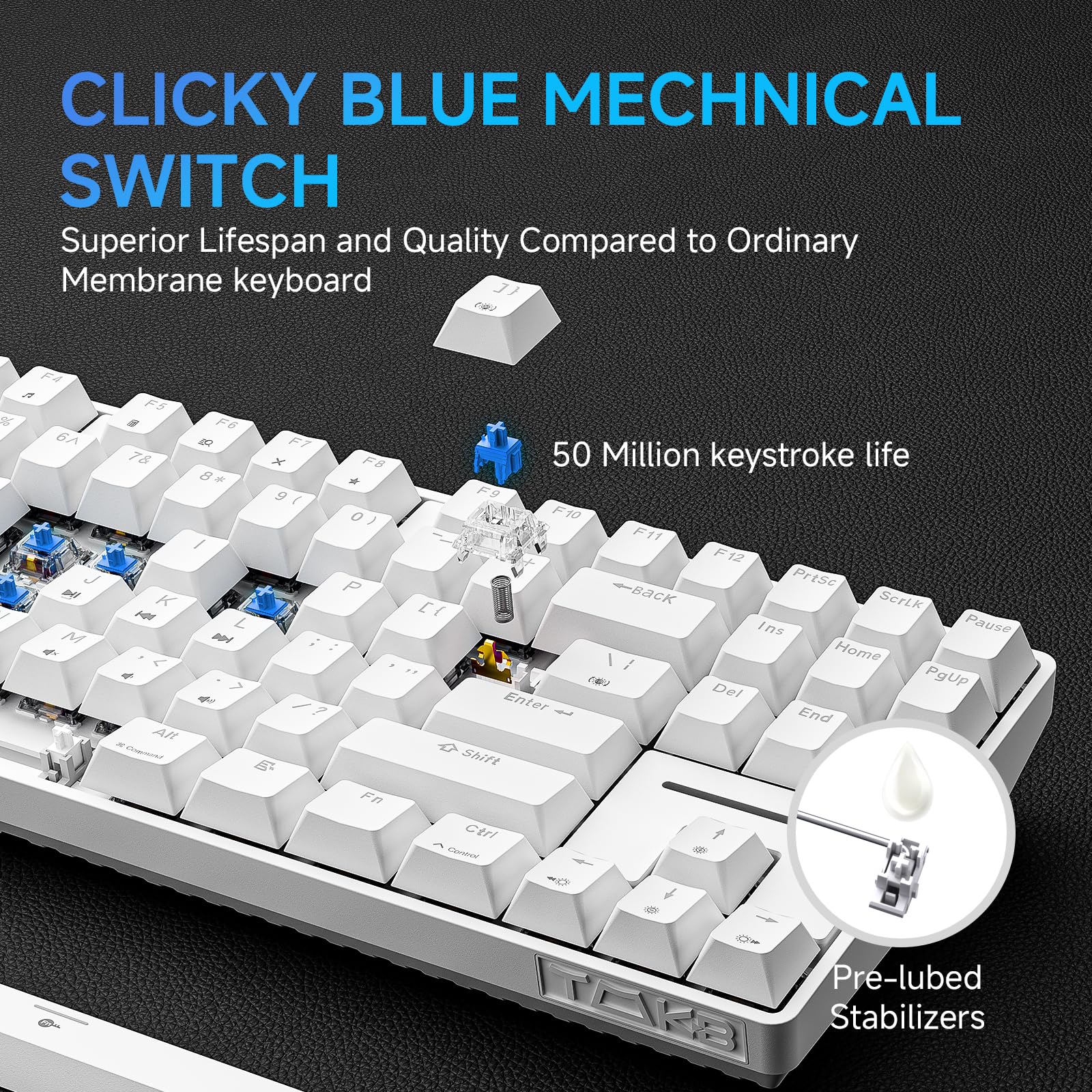 TMKB T87SE TKL Tastiera meccanica, Tastiera Cablata con Interruttori Clicky Blu, LED Retroilluminazione, Type-C Mini Compatti 87 Tasti Anti-Ghosting per PC Mac OS, Layout US, Bianca