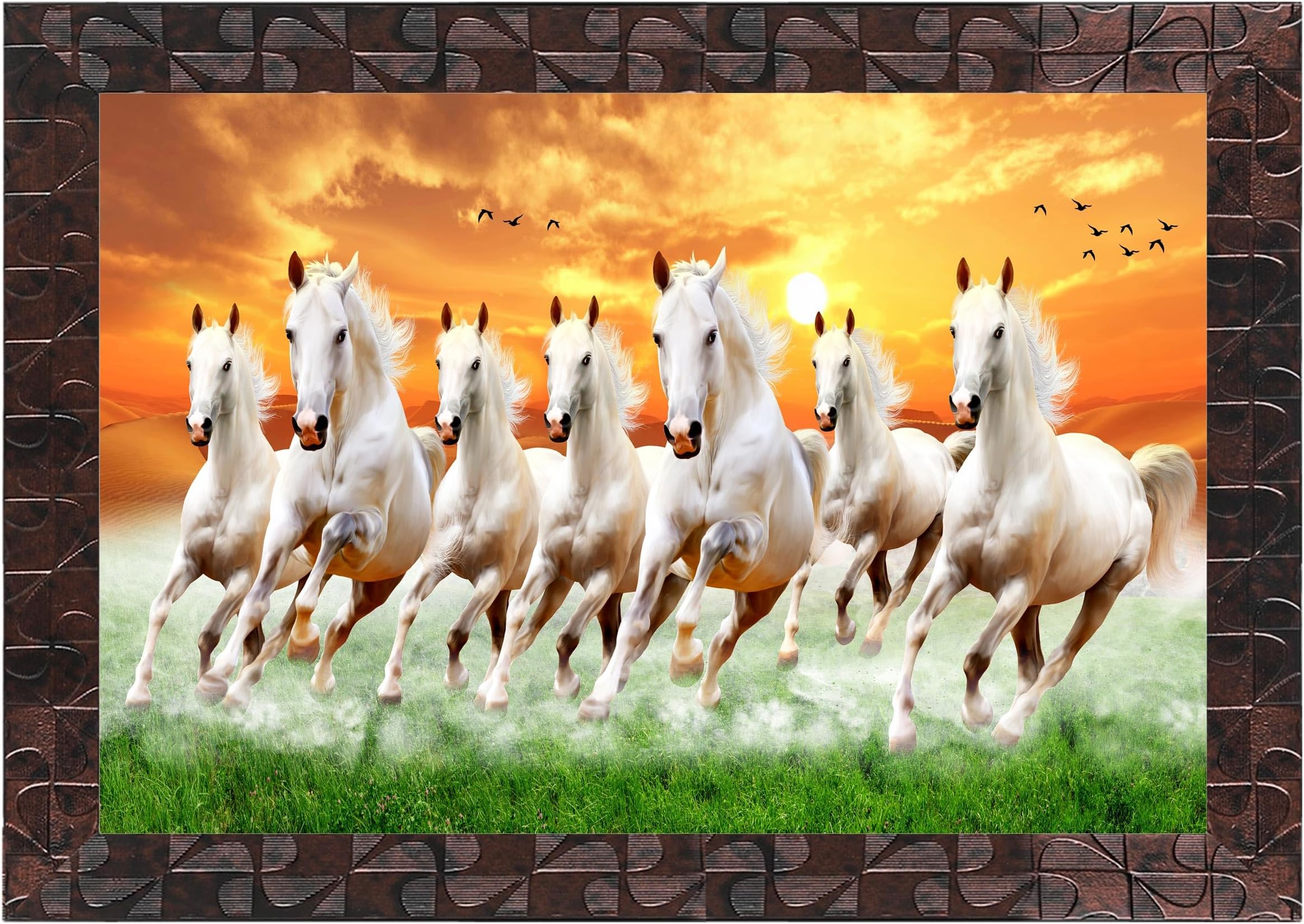 Indianara Vastu Seven Running Horses Painting -Synthetic Wood, 27x30.5x1cm, Multicolour (Style 5)