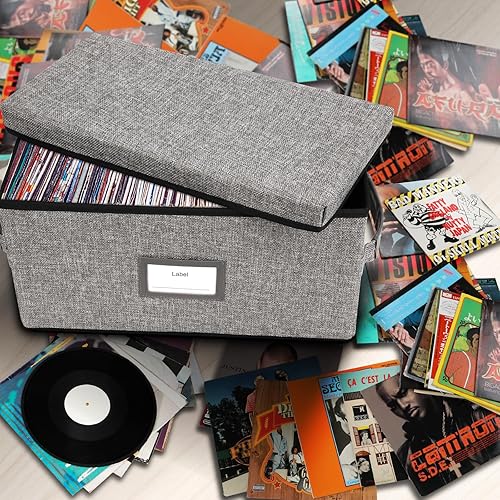Miniatura 2 de Cajas de almacenamiento de discos de vinilo de 12 pulgadas con tapas y asas, elegante y práctico organizador de discos LP para más de 100 discos,