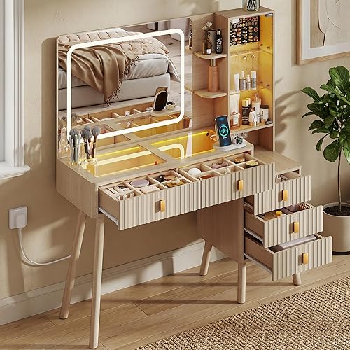 GOODONE 48" Vanity Desk with Mirror and Lights, Fluted Makeup Vanity Table Set with Large 30" Mirror LED Lights, 5 Drawers, Furniture Clearance Outlet for Bedroom, 48 * 15.7 * 53.9 in(Natural Oak)