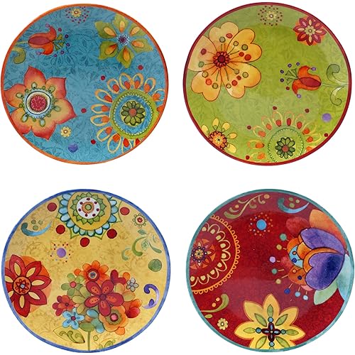 Tunisian Sunset 8.75" Ceramic Salad & Dessert Plates, Set of 4 – Assorted Multicolor Boho Designs, Folk-Inspired Plates for Appetizers, Snacks, Brunch & Everyday Eclectic Dining