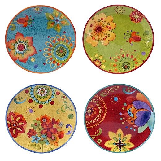 Tunisian Sunset 8.75" Ceramic Salad & Dessert Plates, Set of 4 – Assorted Multicolor Boho Designs, Folk-Inspired Plates for Appetizers, Snacks, Brunch & Everyday Eclectic Dining