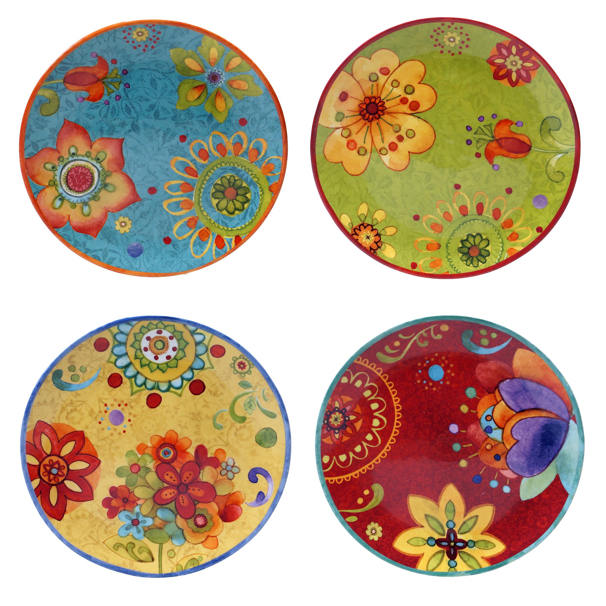 Tunisian Sunset 8.75" Ceramic Salad & Dessert Plates, Set of 4 – Assorted Multicolor Boho…