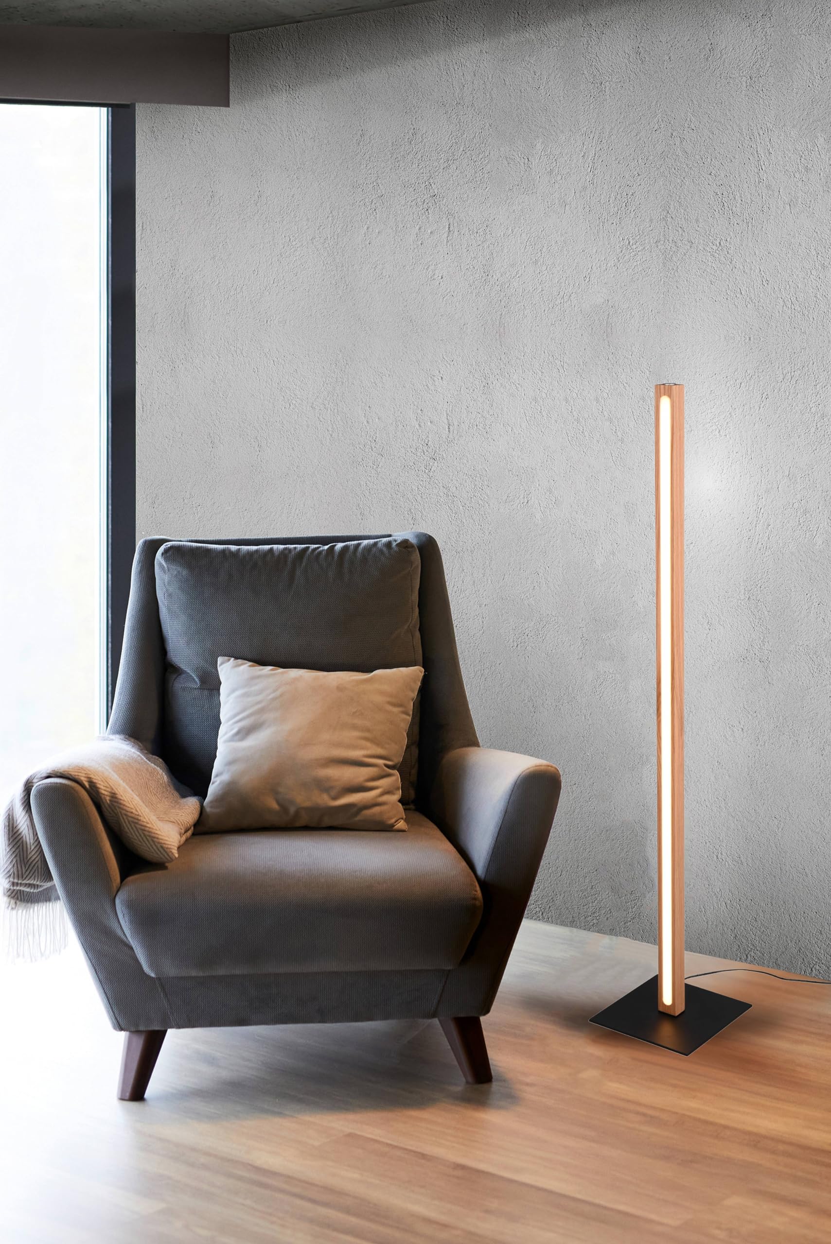 Bella LED Stehleuchte, Stehlampe mit 4-fach Touch Dimmer, puristisches Design, Korpus aus Holz, inkl. 20 Watt Leuchtmittel, Höhe: 115 cm