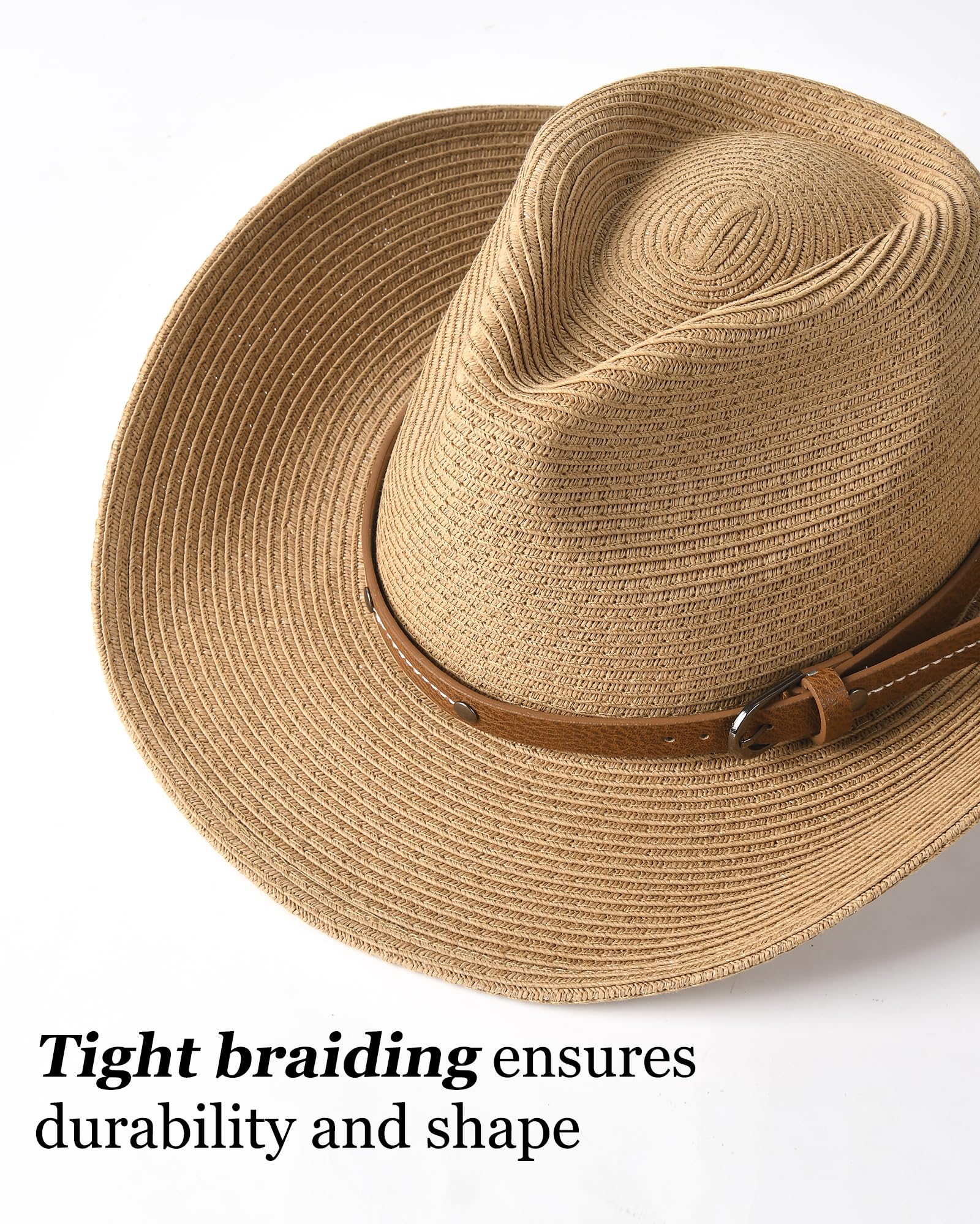 FURTALK Straw Cowboy Sun Hats for Women Men Western Cowgirl Hats with Wind Lanyard UPF 80+ Beach Hat Khaki