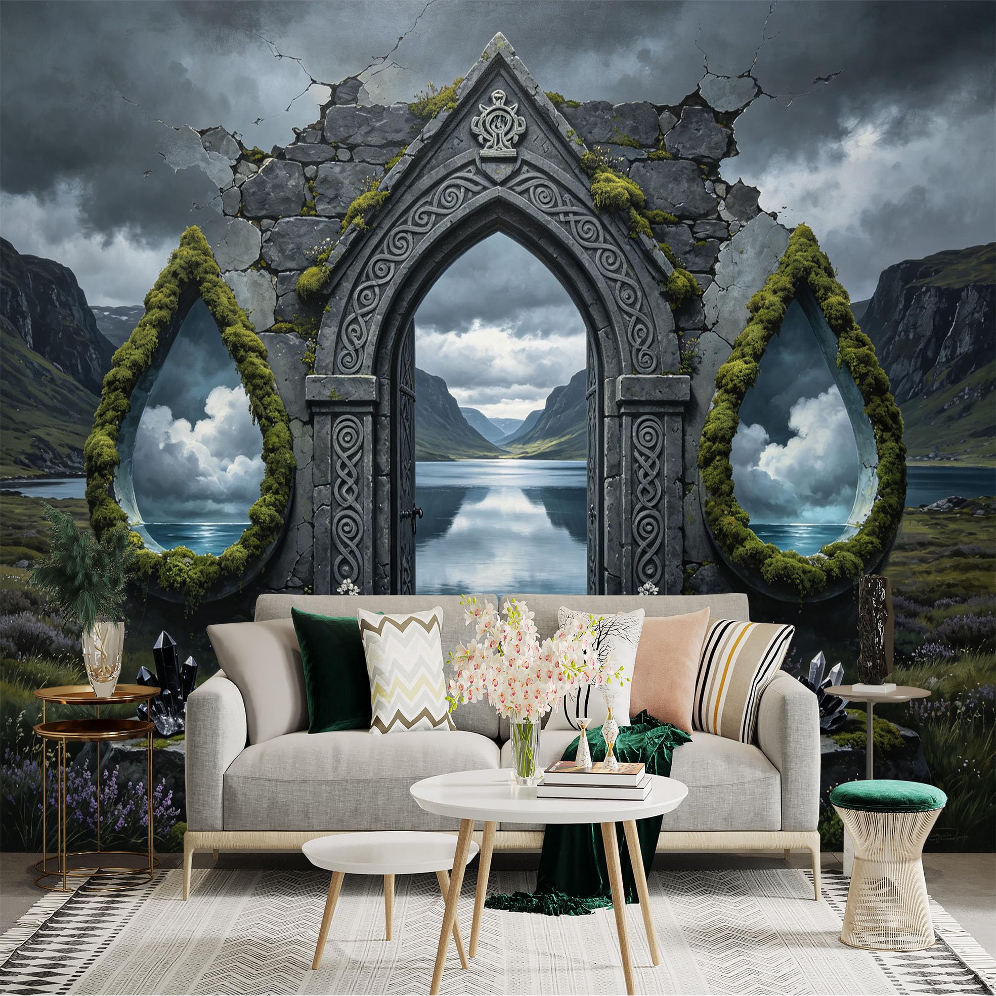 Custom Size Wall Sticker Mural， Mystic Stone Archway， Lake Valley and Nordic Fantasy Landscape， for wall Decoration， peelandstick wall Decals.