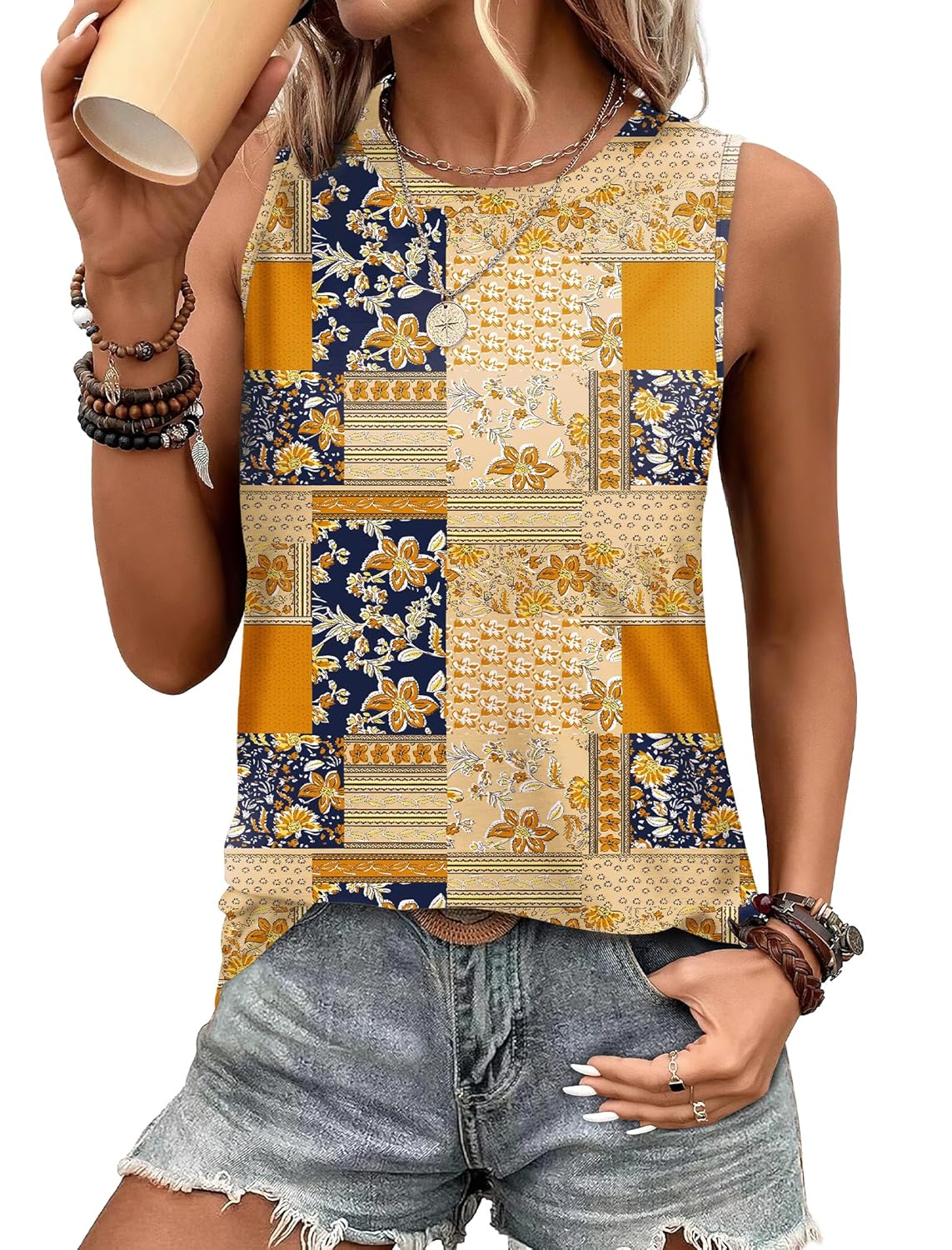 Sampeel Womens Tank Tops Eyelet Loose Casual Summer Tops Crew Neck Basic Sleeveless Shirts Trendy 2026