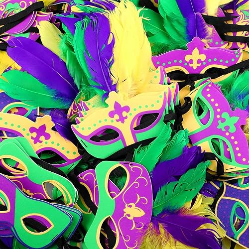 100 máscaras de Mardi Gras a granel para carnaval, desfile de carnaval, máscara de fieltro morada para fiesta de máscaras con plumas para hombres,