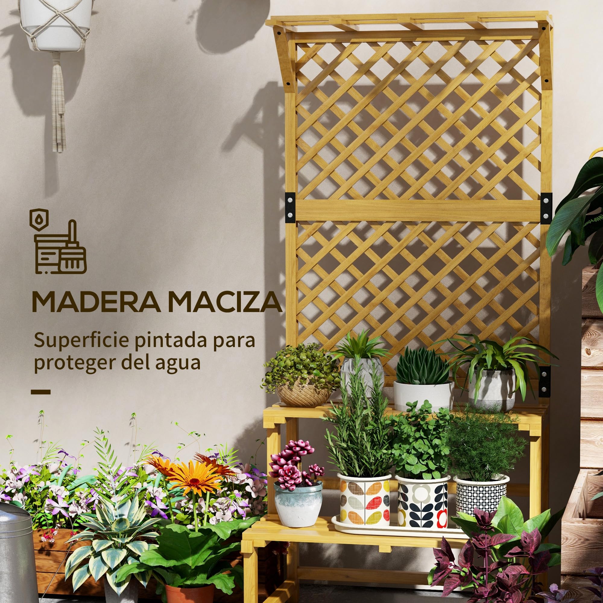 Outsunny Soporte para Plantas de Madera Estantería para Plantas de 2 Niveles Soporte para Macetas Exterior con Enrejado para Jardín Patio Terraza 75x50x166 cm Natural