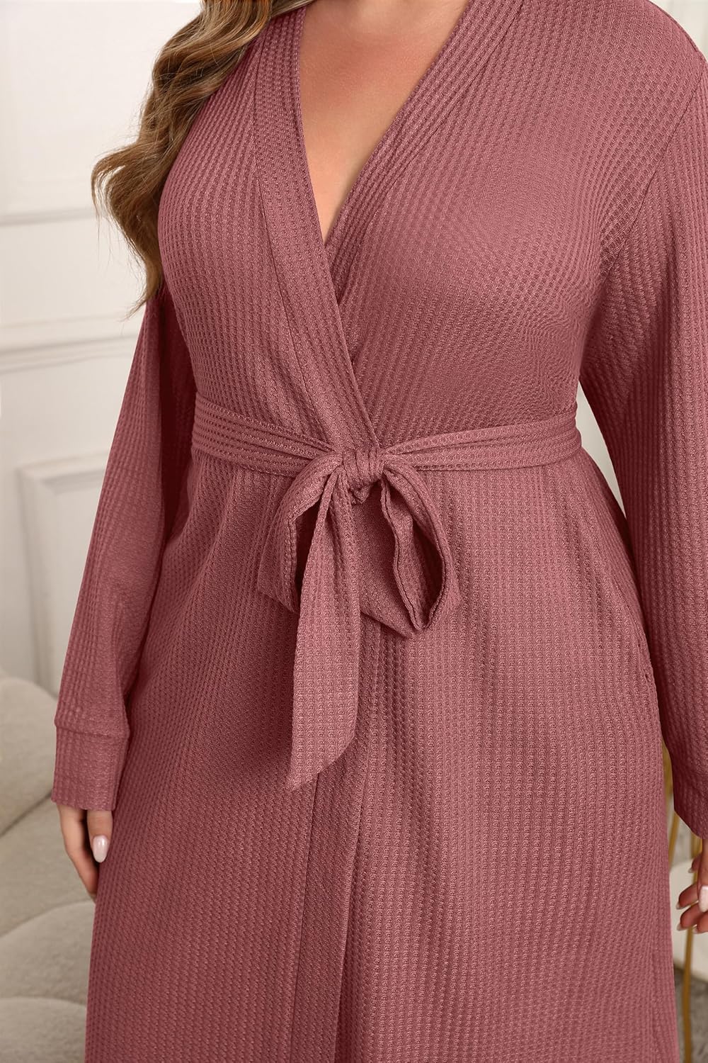 Ekouaer Women's Plus Size Robe Waffle Knit Bathrobe Short Lightweight Kimono Robes with Pockets Maternity Robe 1x-5x - Image 3
