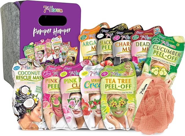 7th Heaven Pamper Hamper Gift Set - Contains a Variety of Peel-Off and Mud Face Masks, Hair Rescue Masque, Exfoliating Body Puff and Felt Presentation Box