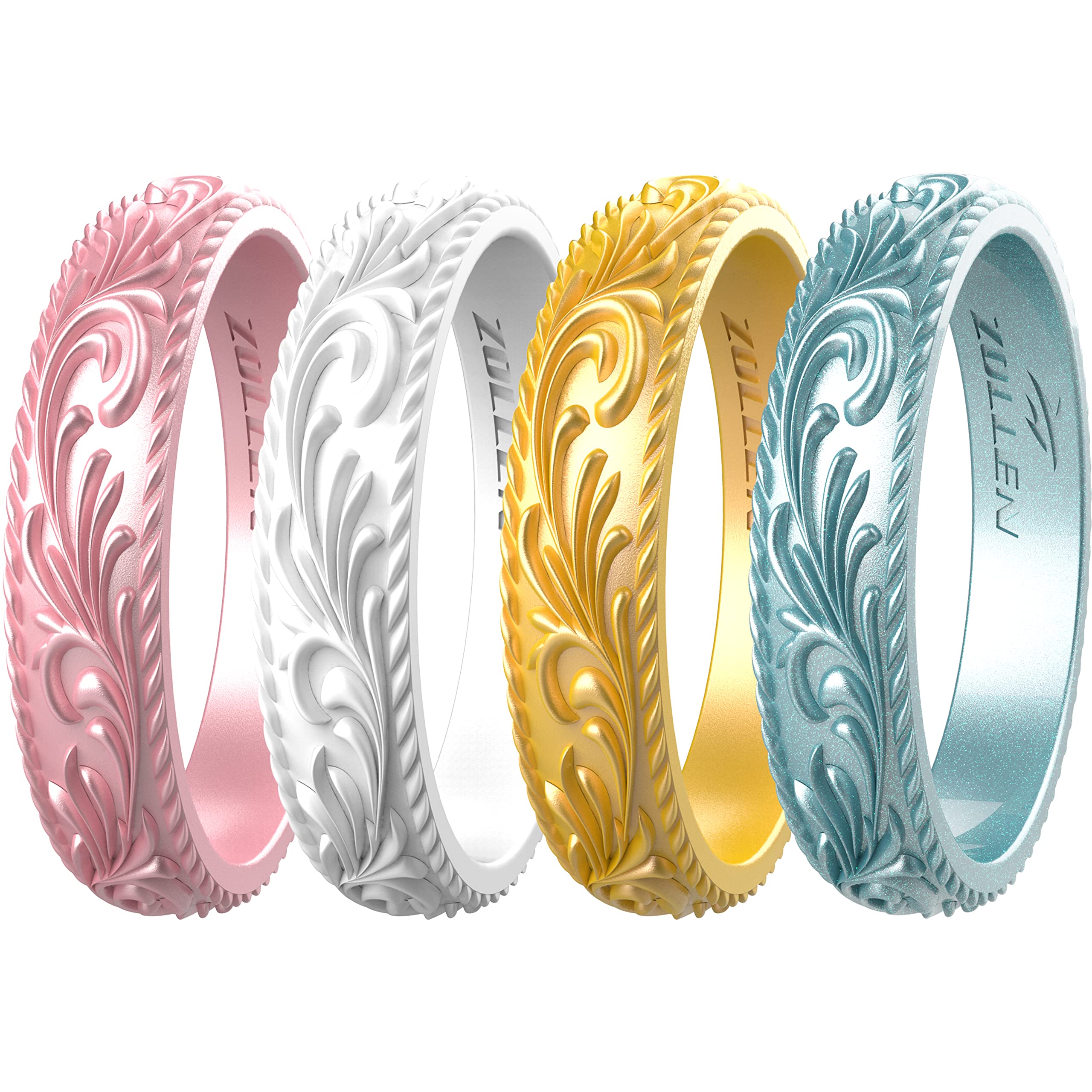 Zollen Silicone Wedding Rings for Women 4/7 Packs -Metallic Stackable Silicone Rubber Wedding Bands -Innovative Vine Collection