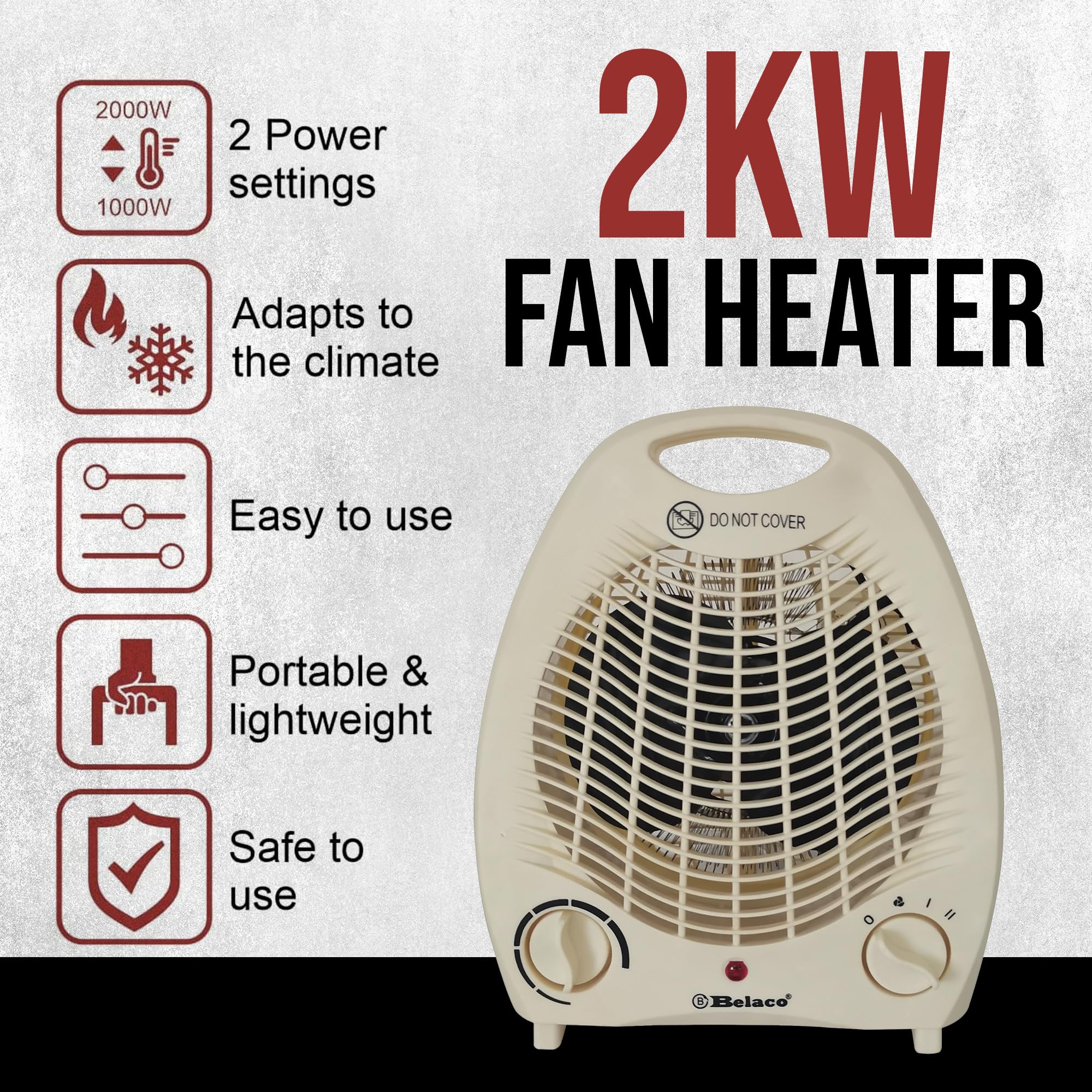 Belaco Fan Heater 2 Heat Settings 1000/2000W Electric Heaters Overheat Protection BFH21C, Cream - Image 4