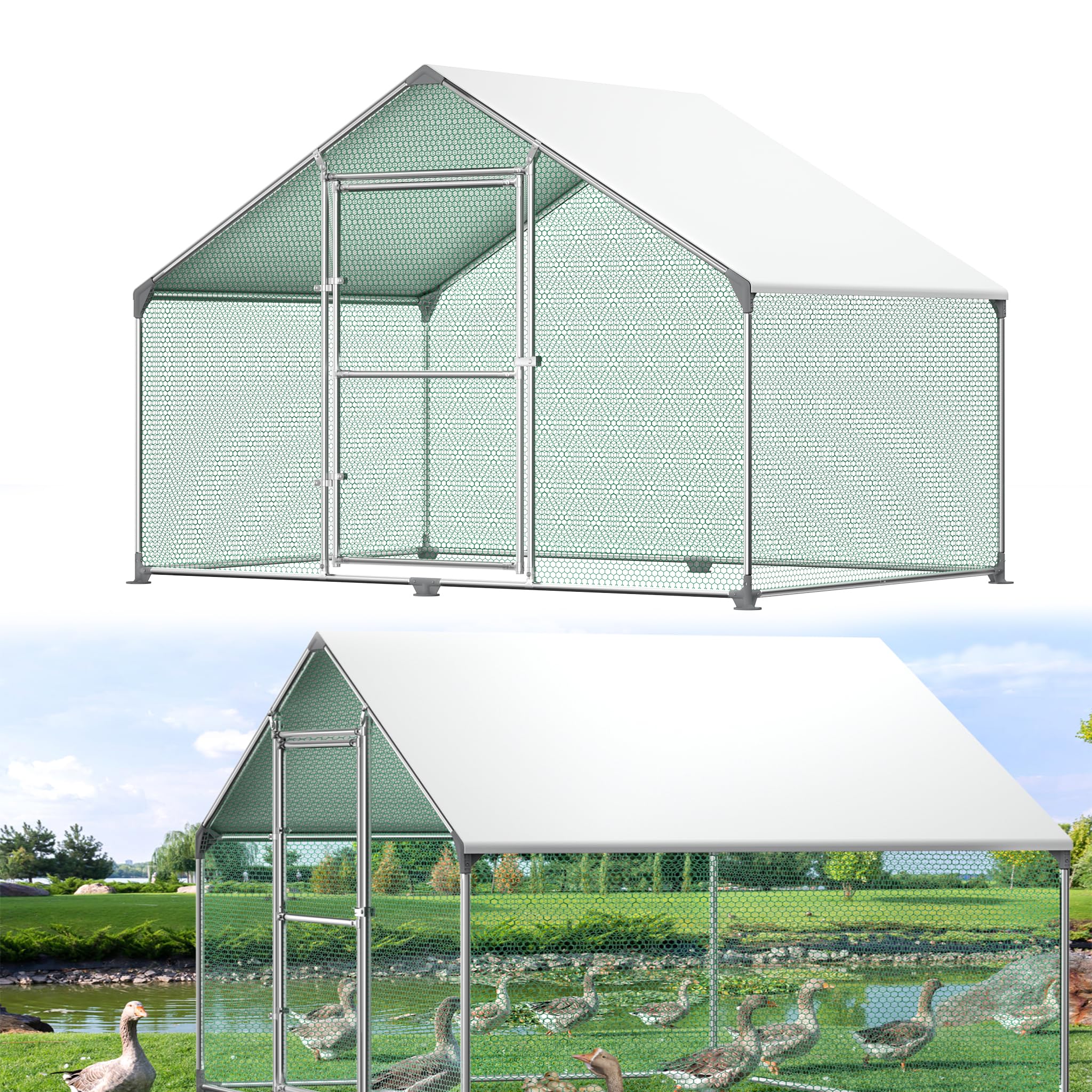 YRHome Enclos pour poulailler avec tissu de teinture en polyéthylène imperméable, serrure et cadre en acier galvanisé pour poulet, canard, oie, chien - 3 x 2 x 2 m