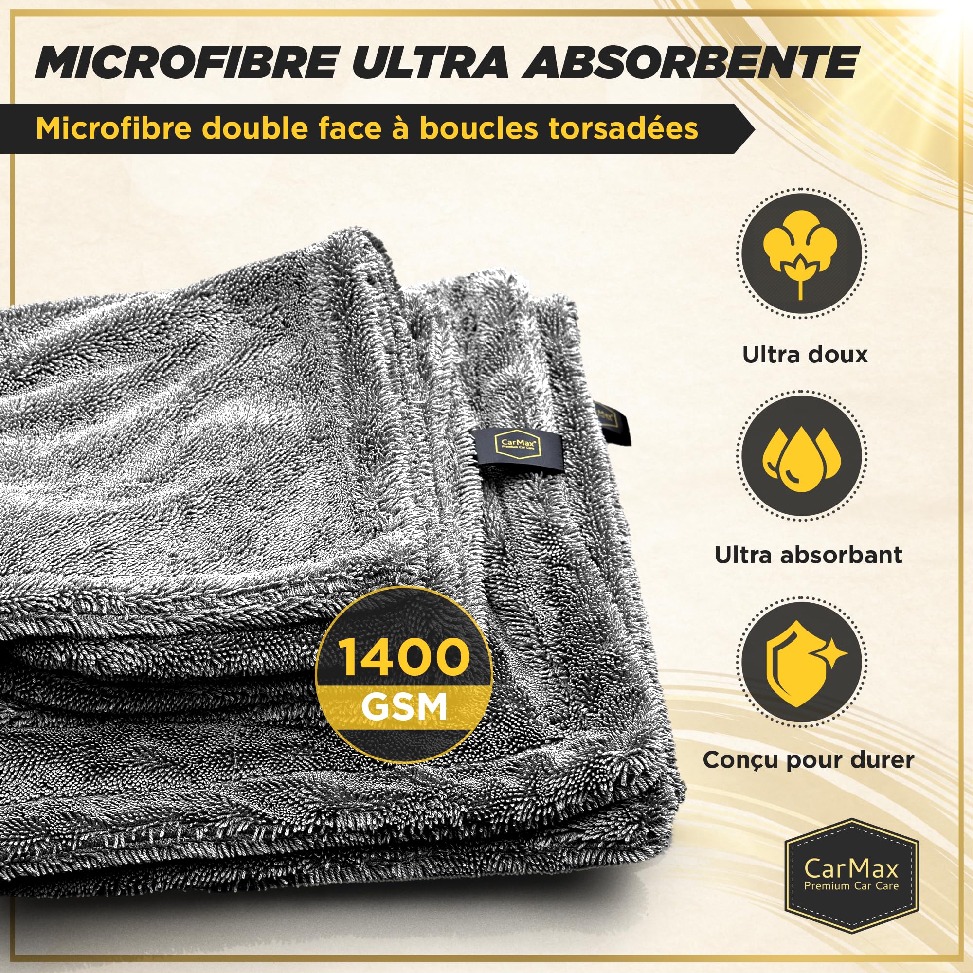 CarMax® - Serviette de Séchage Voiture en Microfibre Twisted Loop – Haute Absorption – Séchage sans Traces – Sûre pour Peinture et Vitres (XXL - 90cm x 60cm)