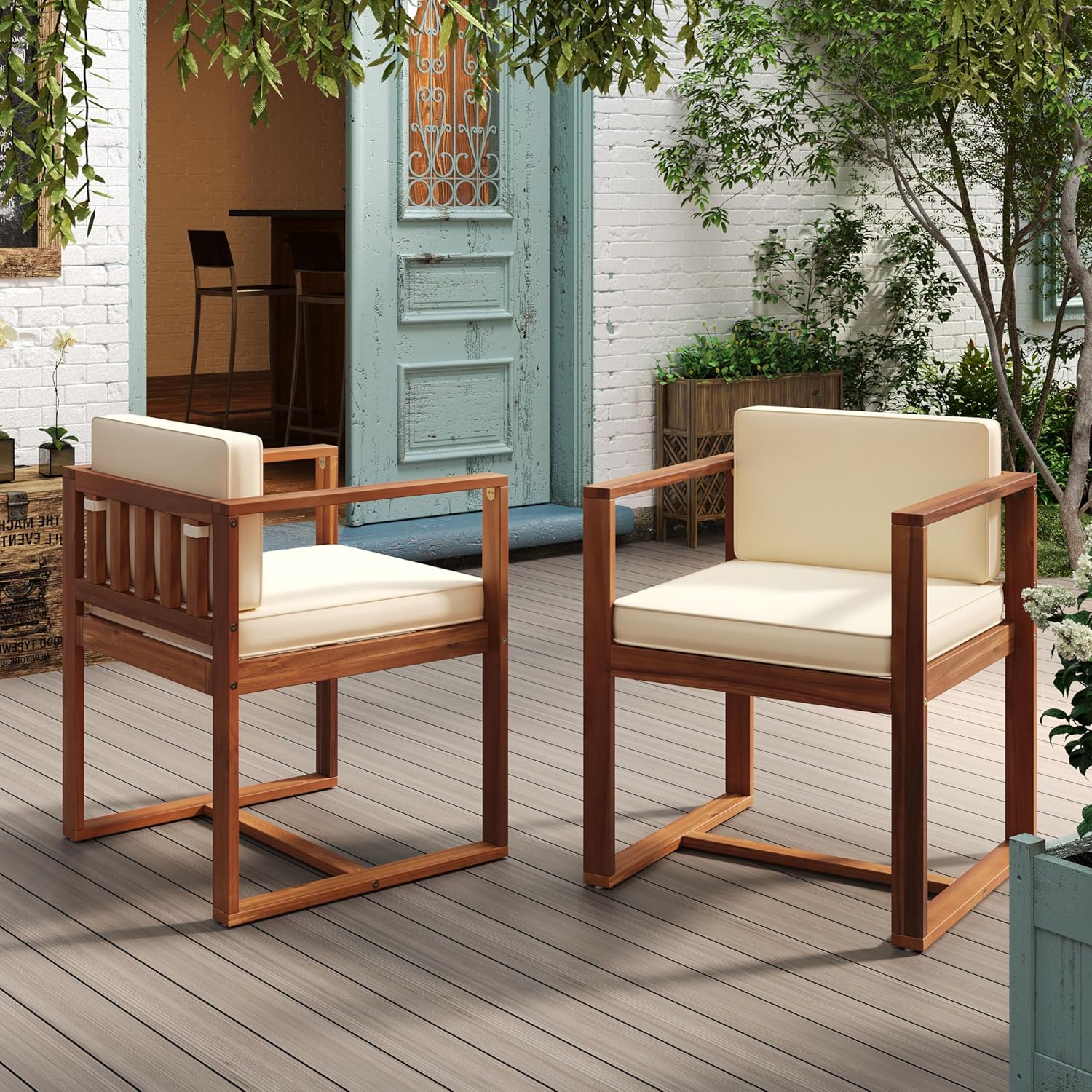 Outdoor Patio Chairs Set of 2 - Porch Chairs Set of 2 with Armrest and Open Backrests, Outdoor Chair with Cushions and Acacia Wood Frame for Backyard, Balcony, Porch (Beige)