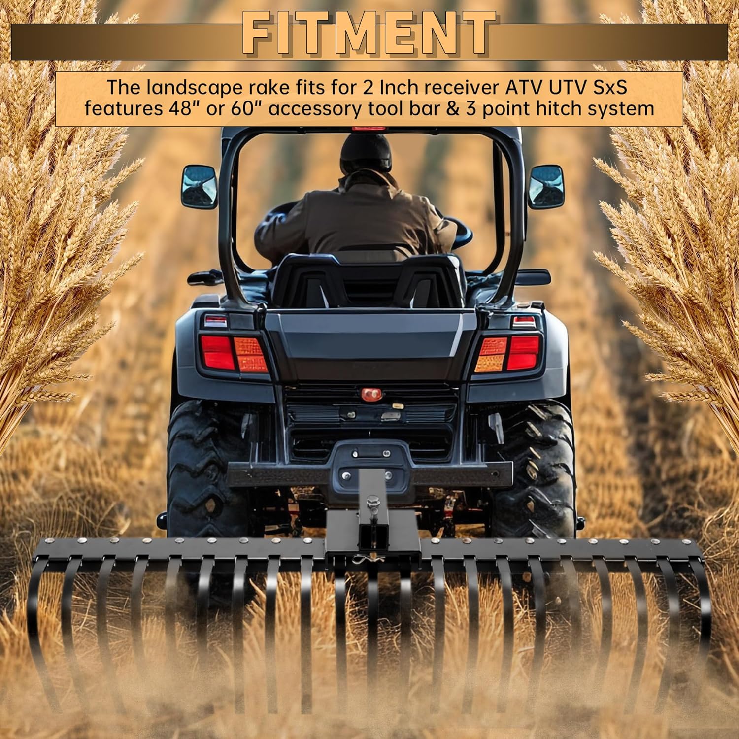 KUAFU 60 Inch Landscape Rake Pine Straw Rake Tractors Rake Fit for 2 Inch Receiver ATV UTV SxS Features 48" or 60" Accessory Tool Bar & 3 Point Hitch System Powder Coated Steel