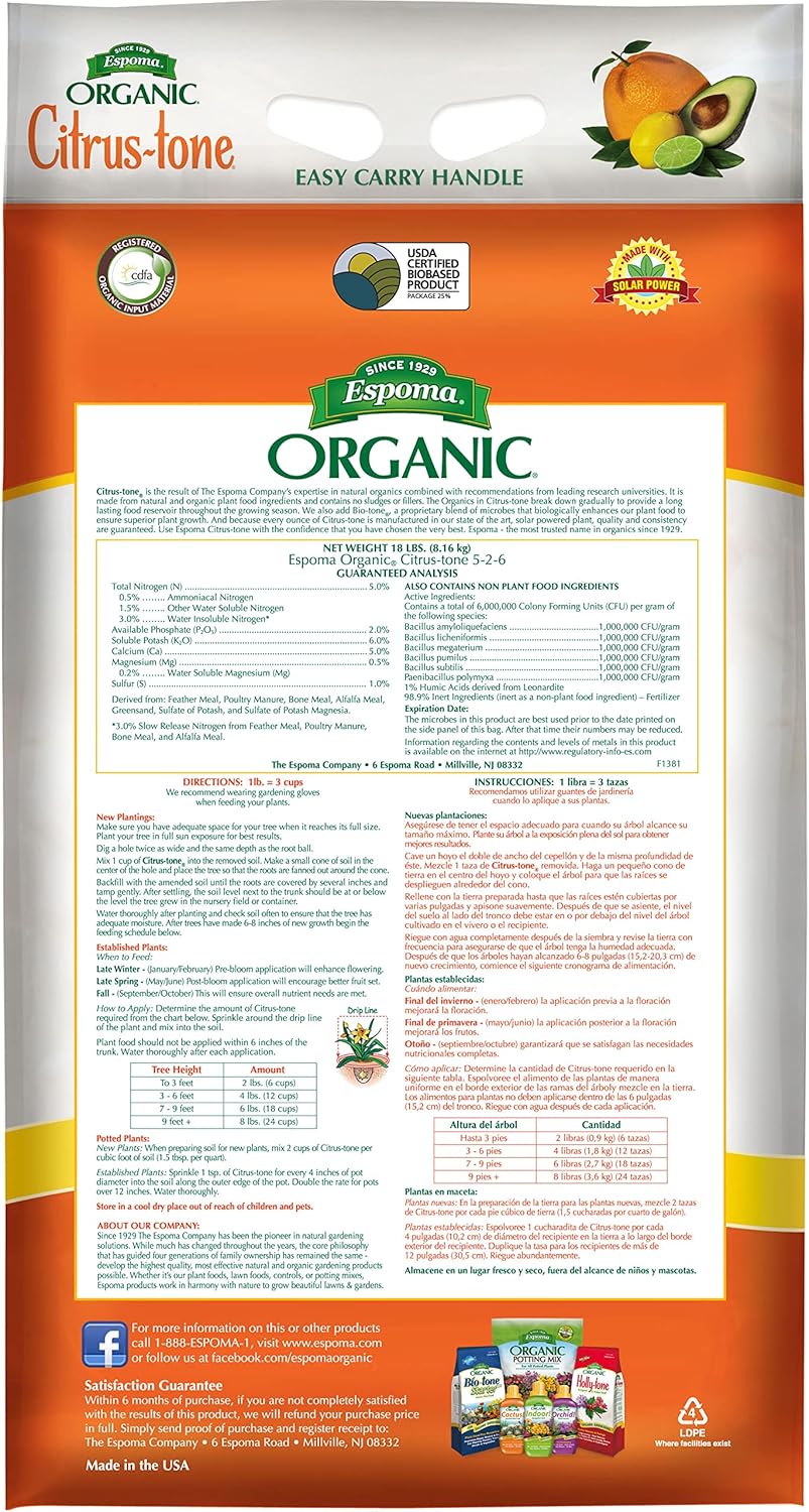 Espoma Organic Citrus-Tone 5-2-6 Natural & Organic Fertilizer and Plant Food for All Citrus, Fruit, Nut & Avocado Trees; 18 lb. Bag. Promotes Vigorous Growth & Abundant Fruit