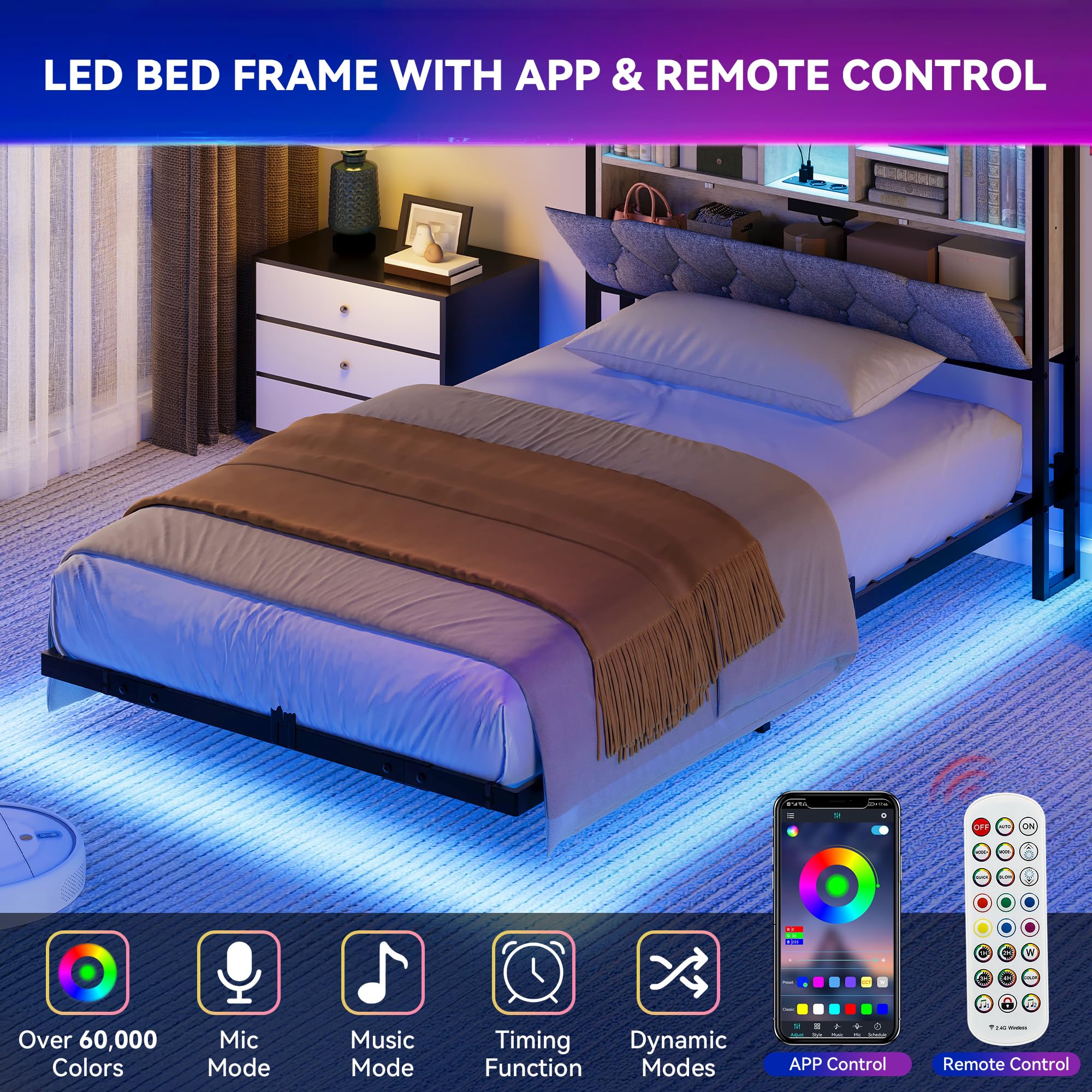 YITAHOME Marco de Cama LED con cabecero de iluminación LED, estación de Carga USB, Incluye cabecero Flotante, Marco de Metal, Funda de Tela en Color Gris sin colchón, 120 x 200 cm | Iluminación LED, estación de carga USB con cabecera, diseño flotante, mar